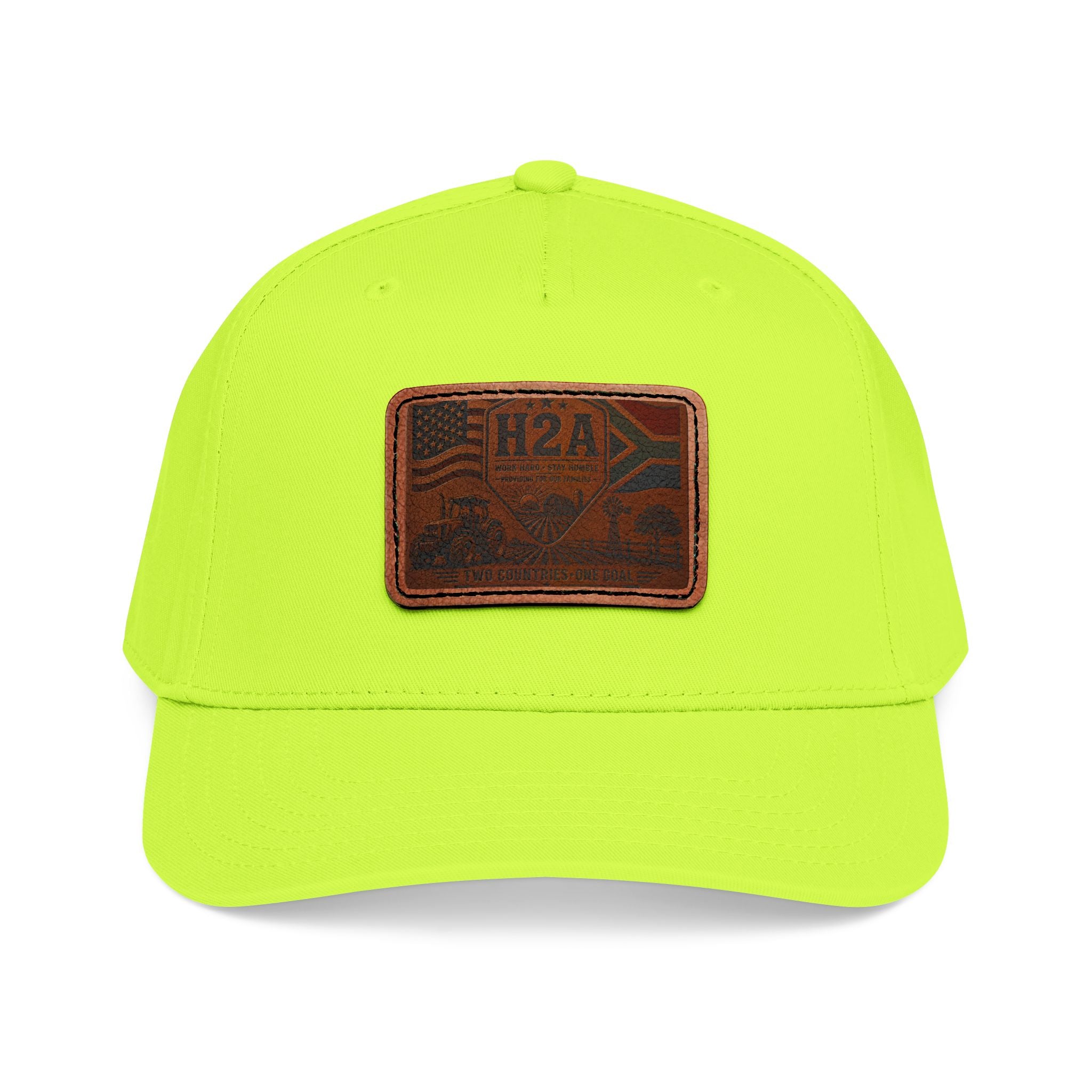 Mid-profile baseball cap in neon yellow with rectangular H2A leather patch.