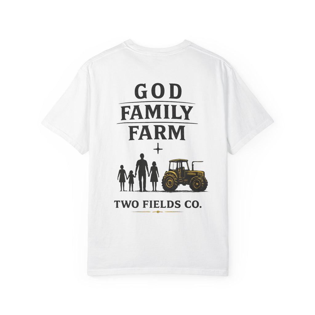 White family farm graphic T-shirt with “God Family Farm” text and tractor