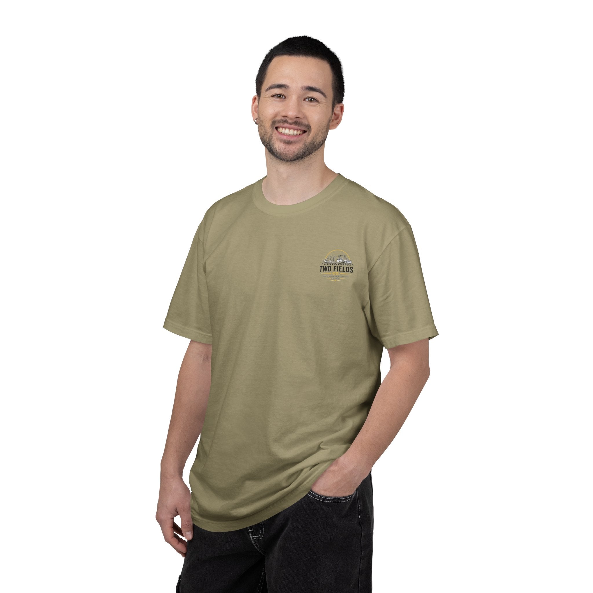 Olive family farm graphic T-shirt worn with small chest logo