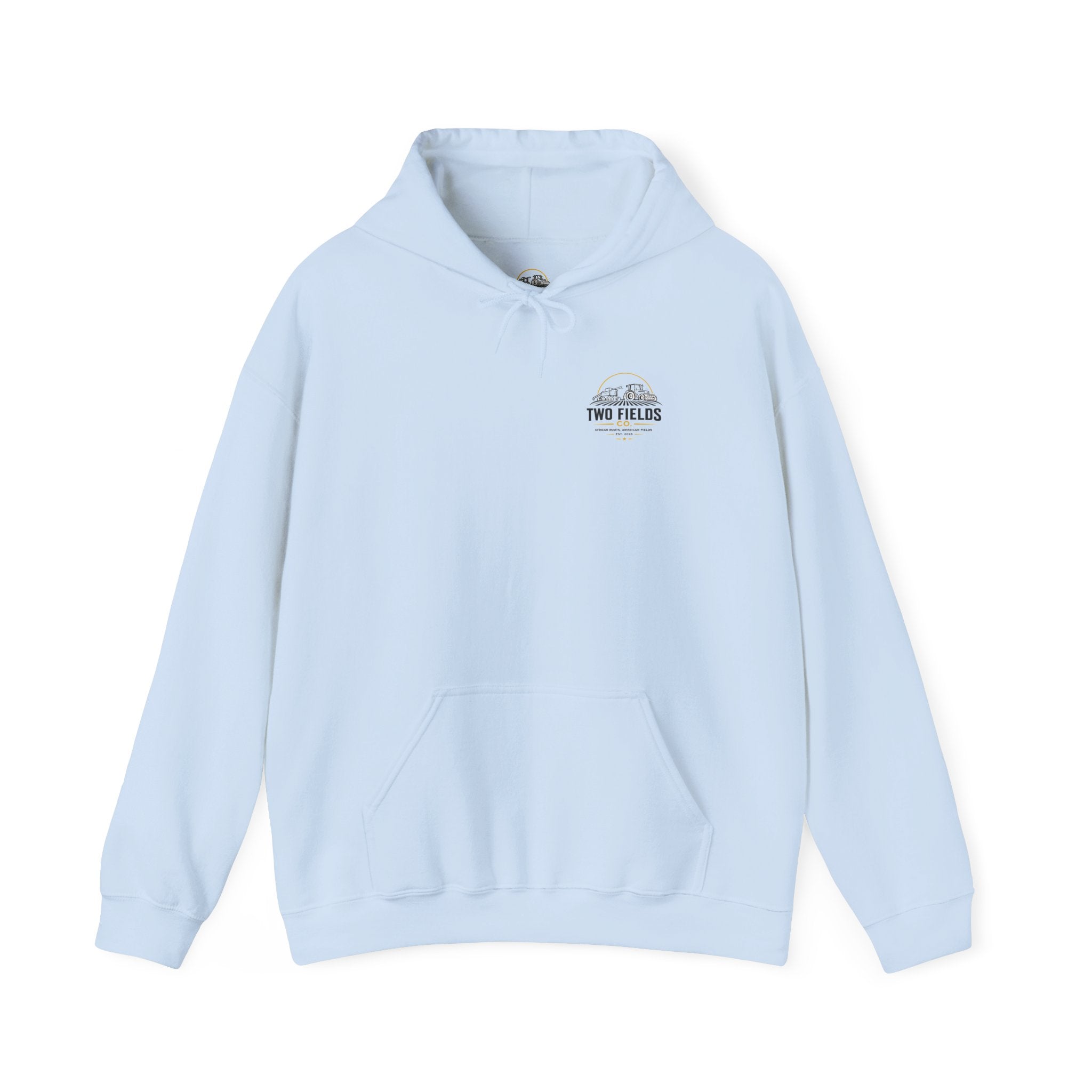 Light blue graphic hoodie with hood and drawstrings, front pouch pocket, small chest logo