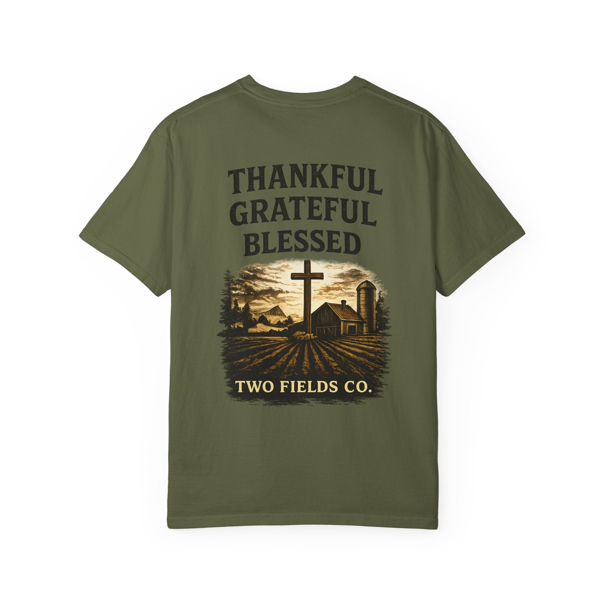 Front olive green T-shirt with 'THANKFUL GRATEFUL BLESSED' cross landscape print