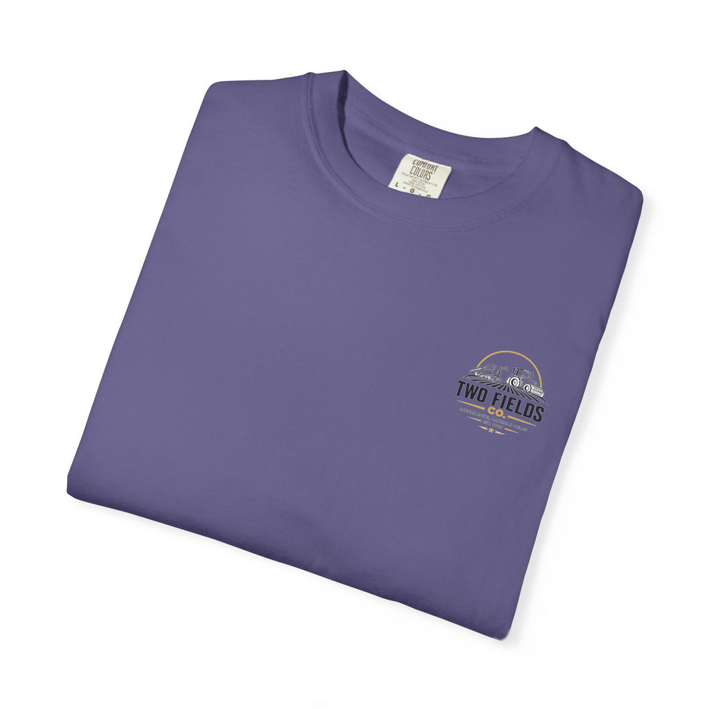 Purple short-sleeve T-shirt, folded, with small chest logo