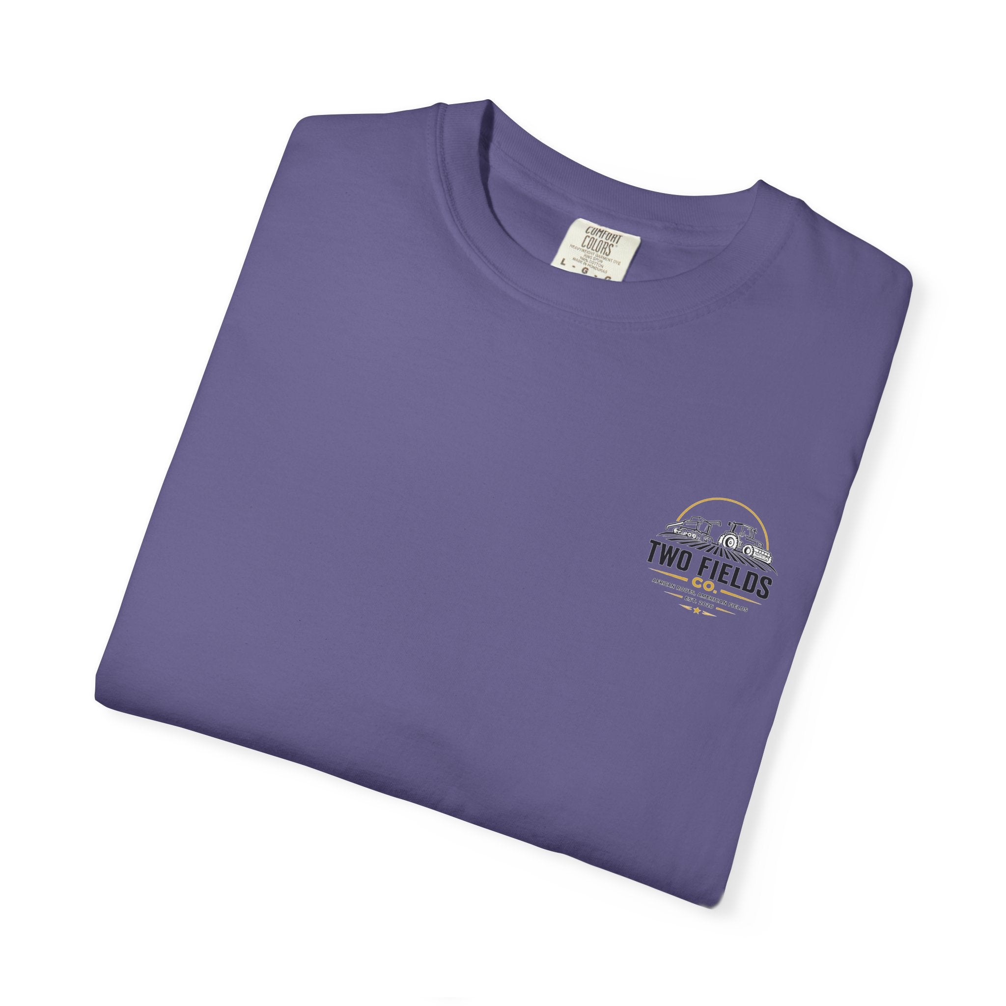 Purple short-sleeve T-shirt, folded, with small chest logo