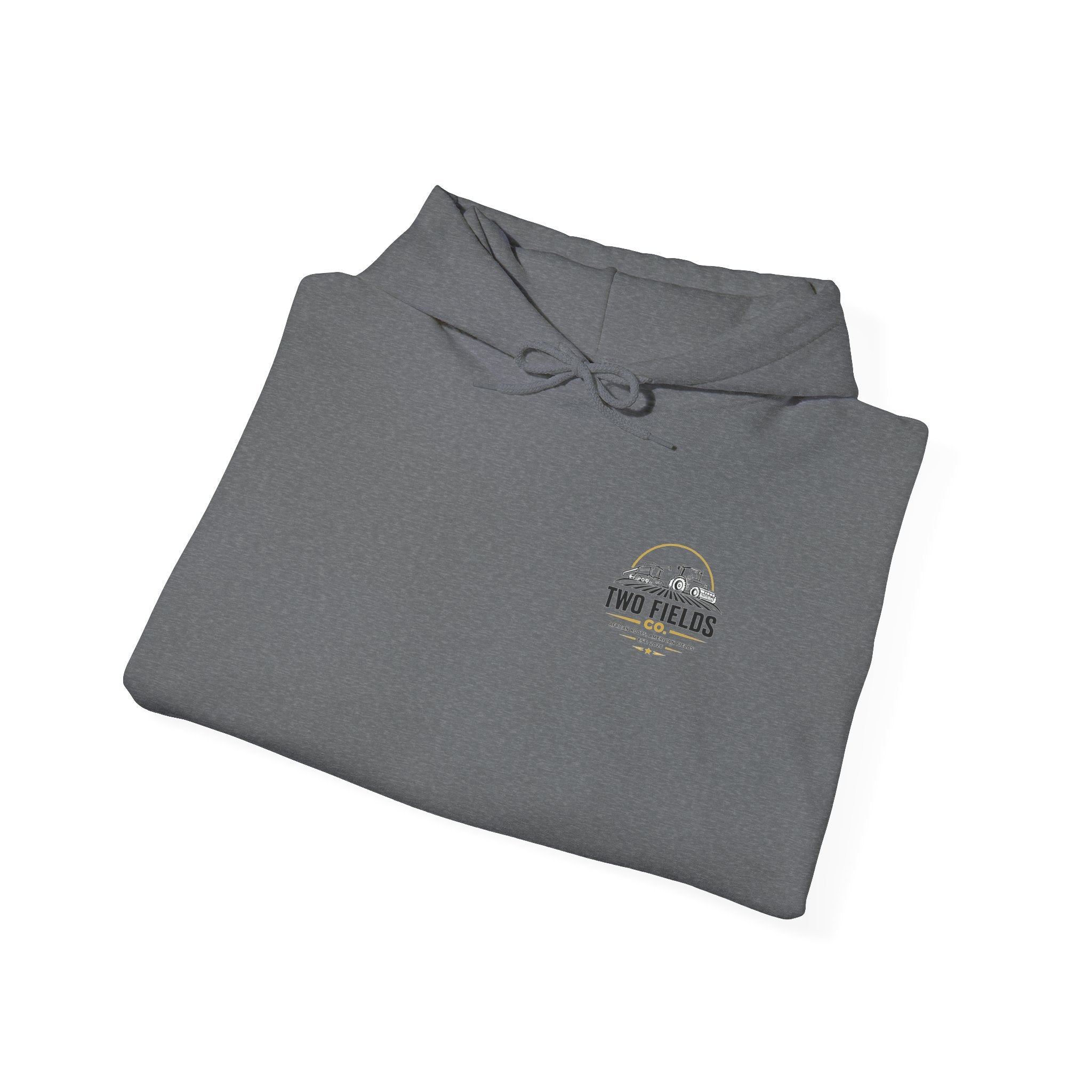 Charcoal heather hoodie laid flat, with “Two Fields” logo on chest.