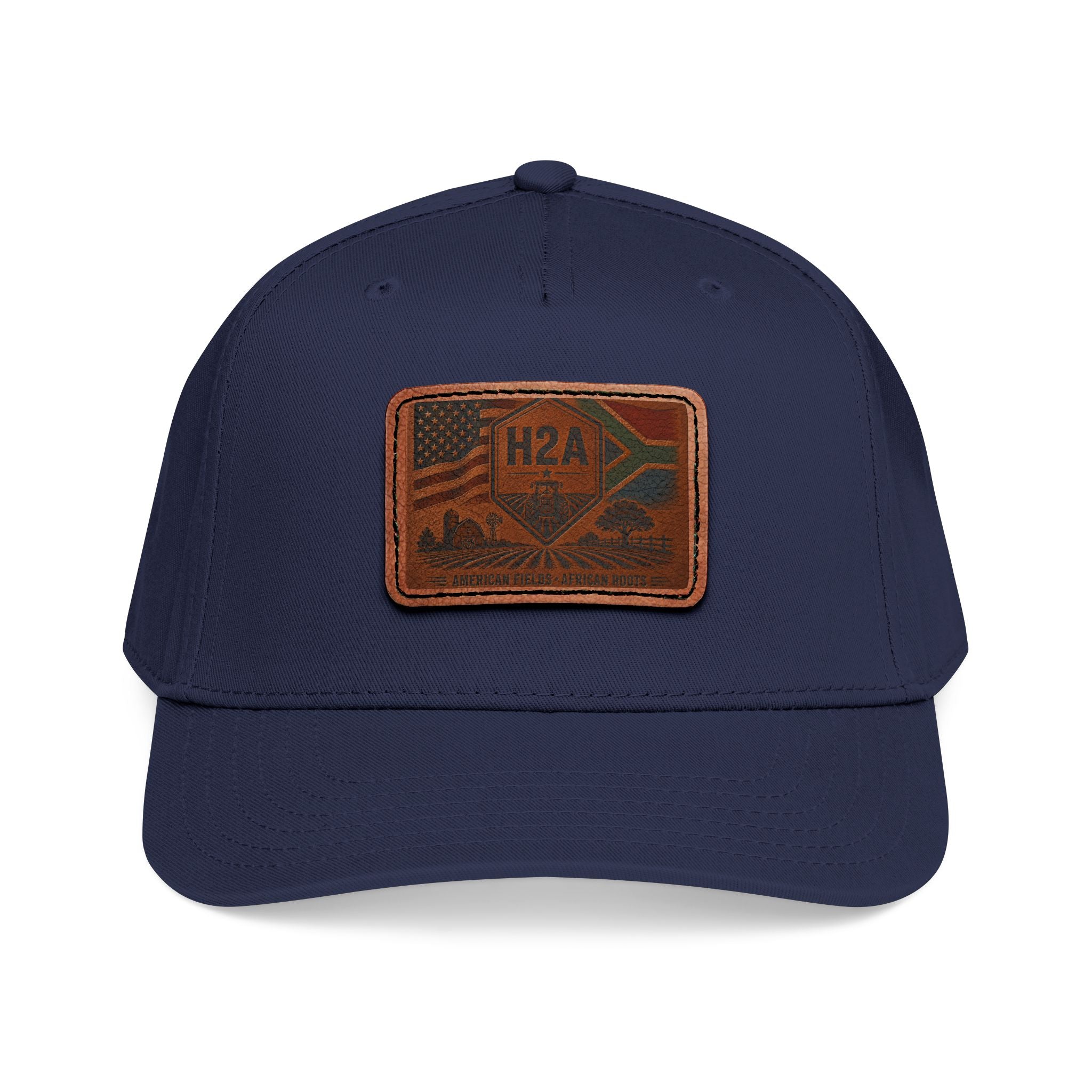 Two-tone baseball cap, navy crown with darker navy brim and rectangular H2A patch