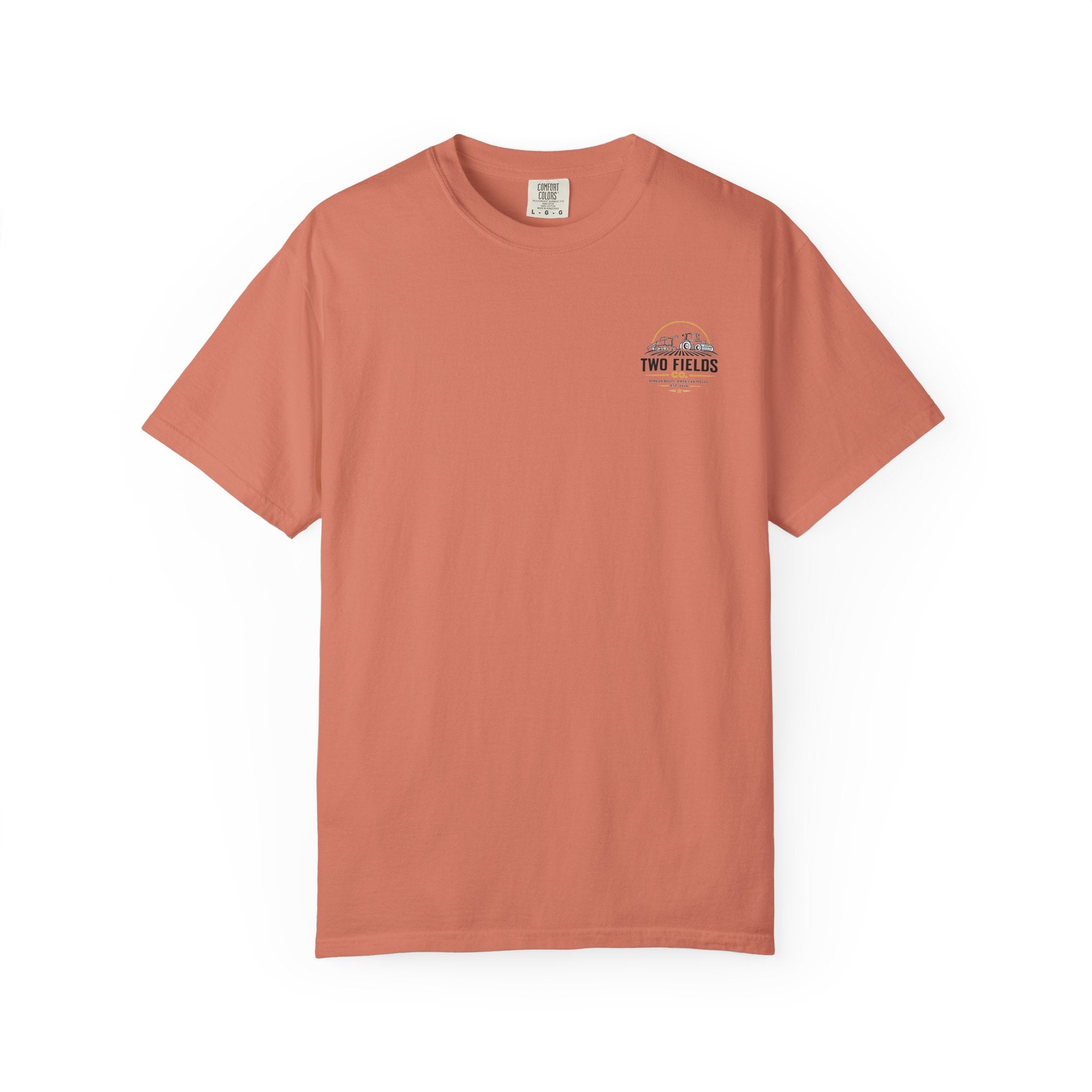 Coral T-shirt with small Two Fields chest logo on the front.