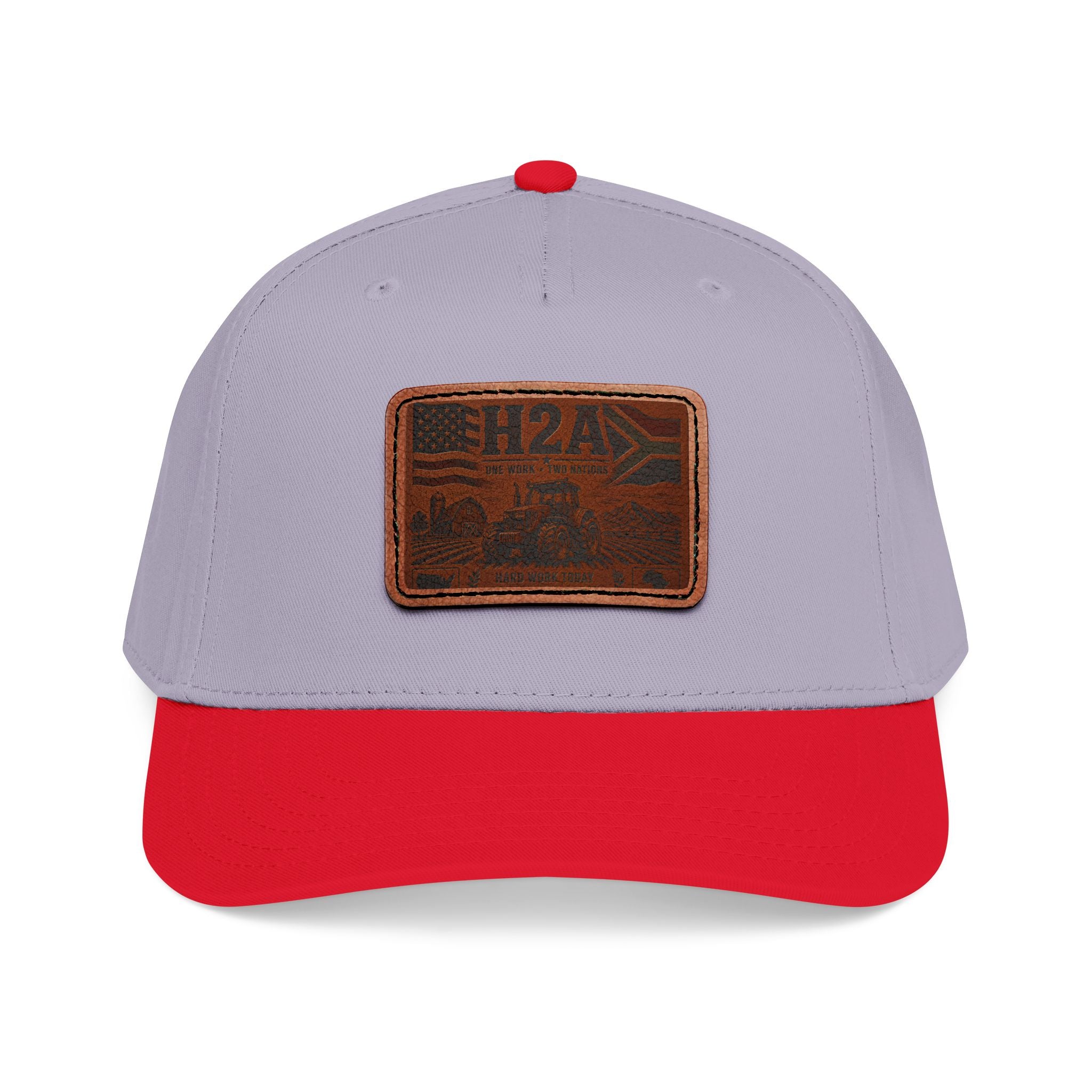 Light gray baseball cap with red brim and rectangular leather H2A truck patch.