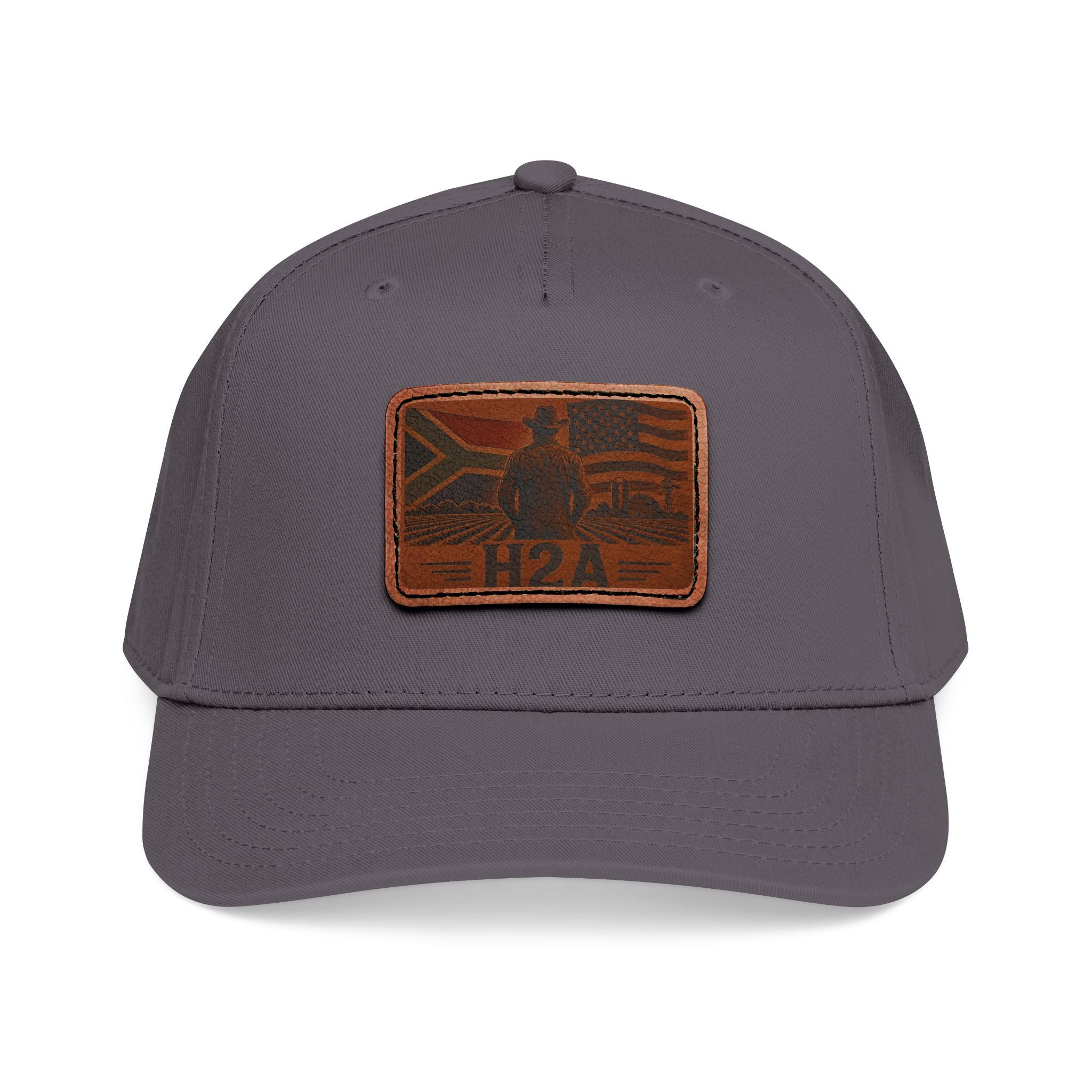 Baseball cap with leather-look H2A flag patch, gray crown and matching dark brim.