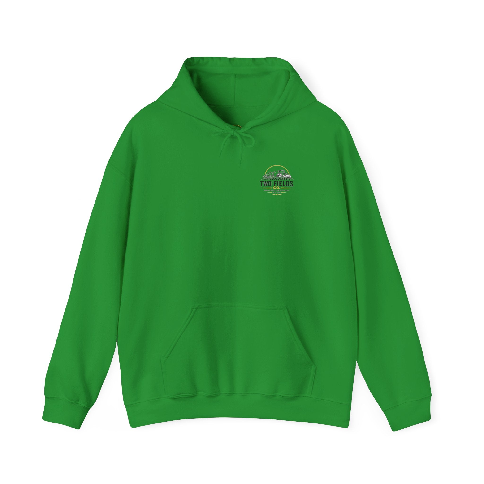 Bright green pullover hoodie with drawstring hood, kangaroo pocket, and small chest logo