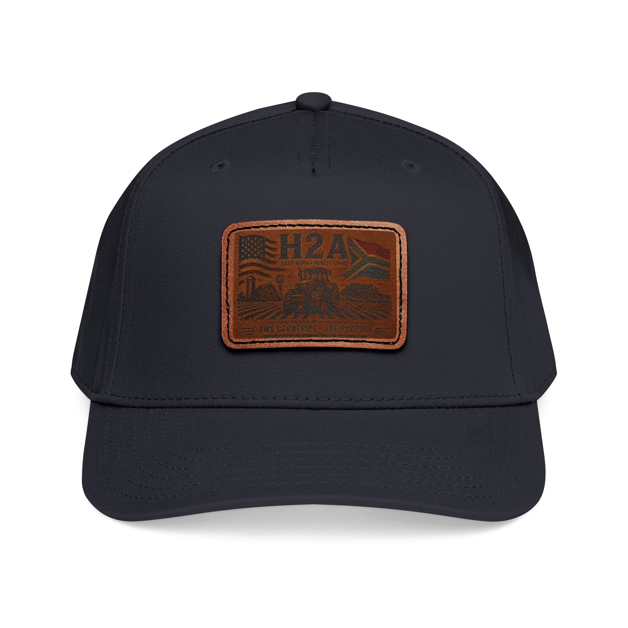 Leather patch baseball cap in dark navy, rectangle H2A logo patch