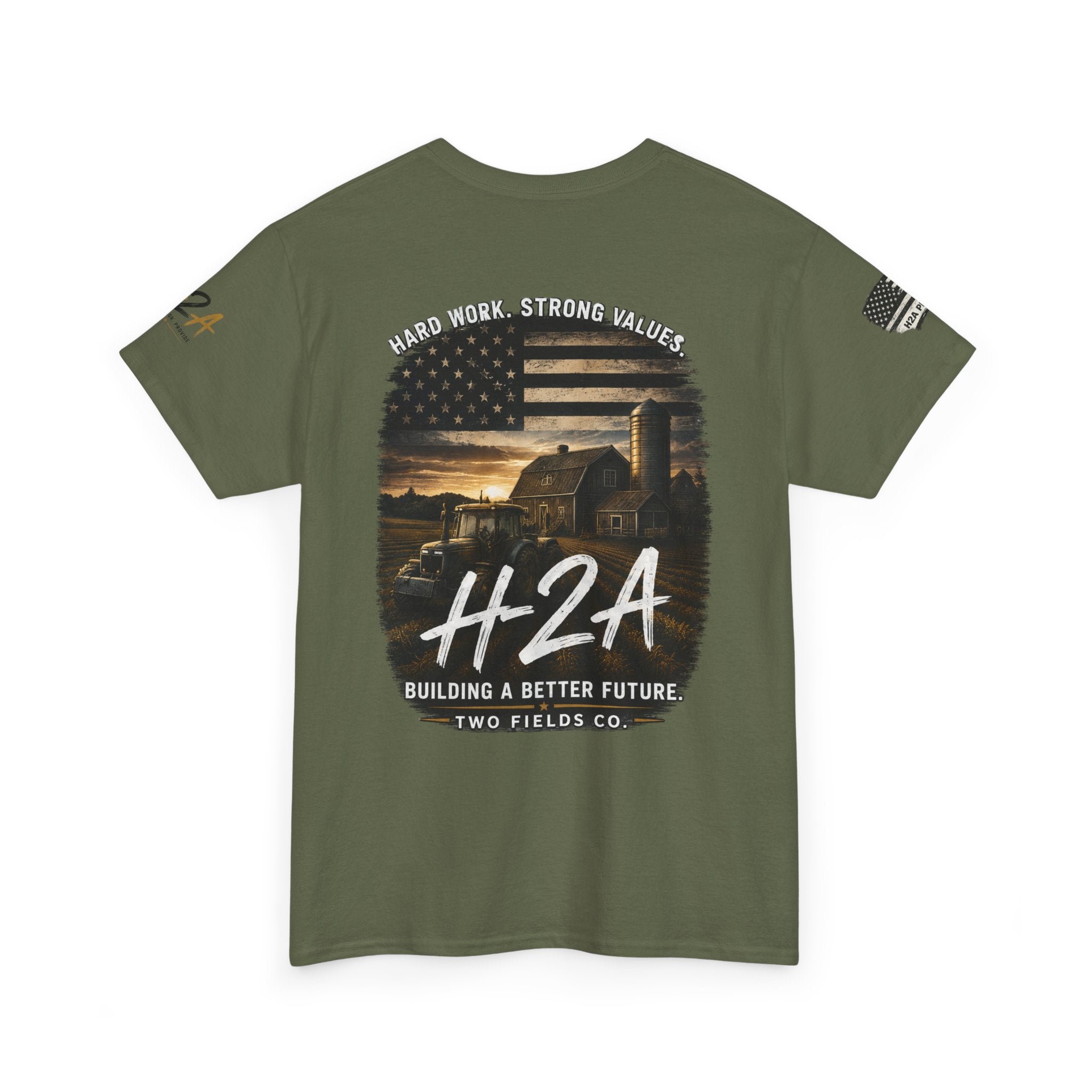 Olive green crew-neck t-shirt with large back H2A farm graphic