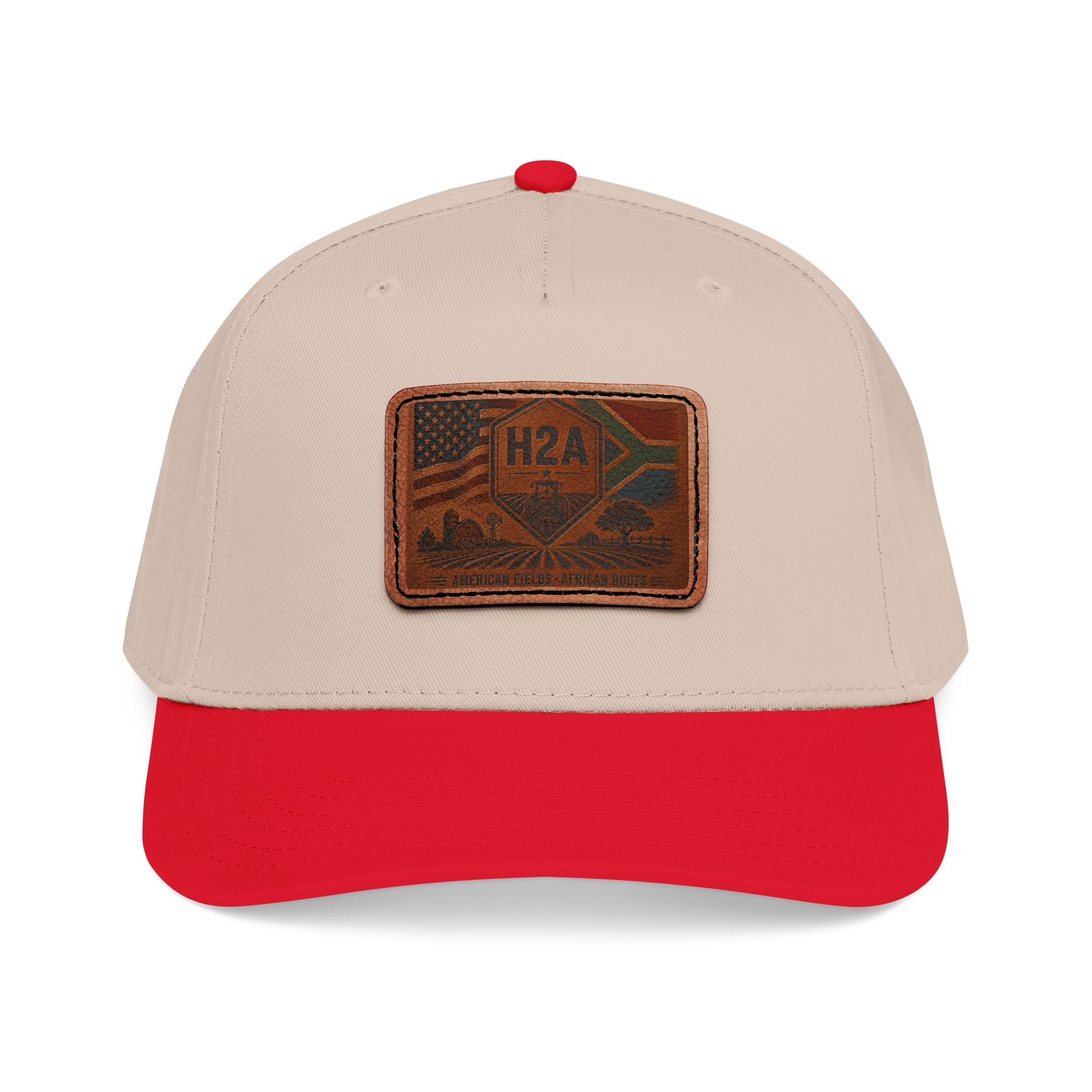 Beige baseball cap with red brim and rectangular H2A flag leather patch.