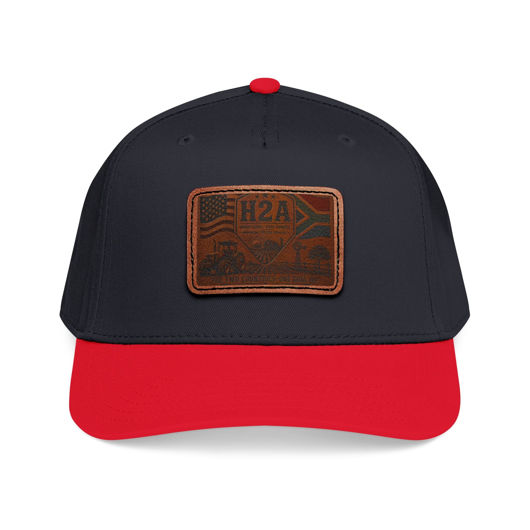 Navy baseball cap with red brim and rectangular brown H2A flag patch