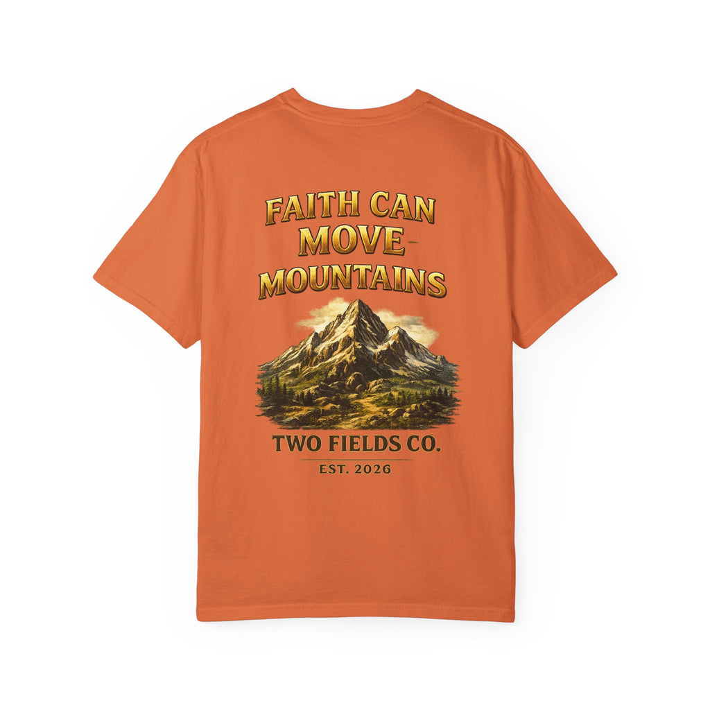 Orange crewneck t-shirt with faith can move mountains mountain graphic front