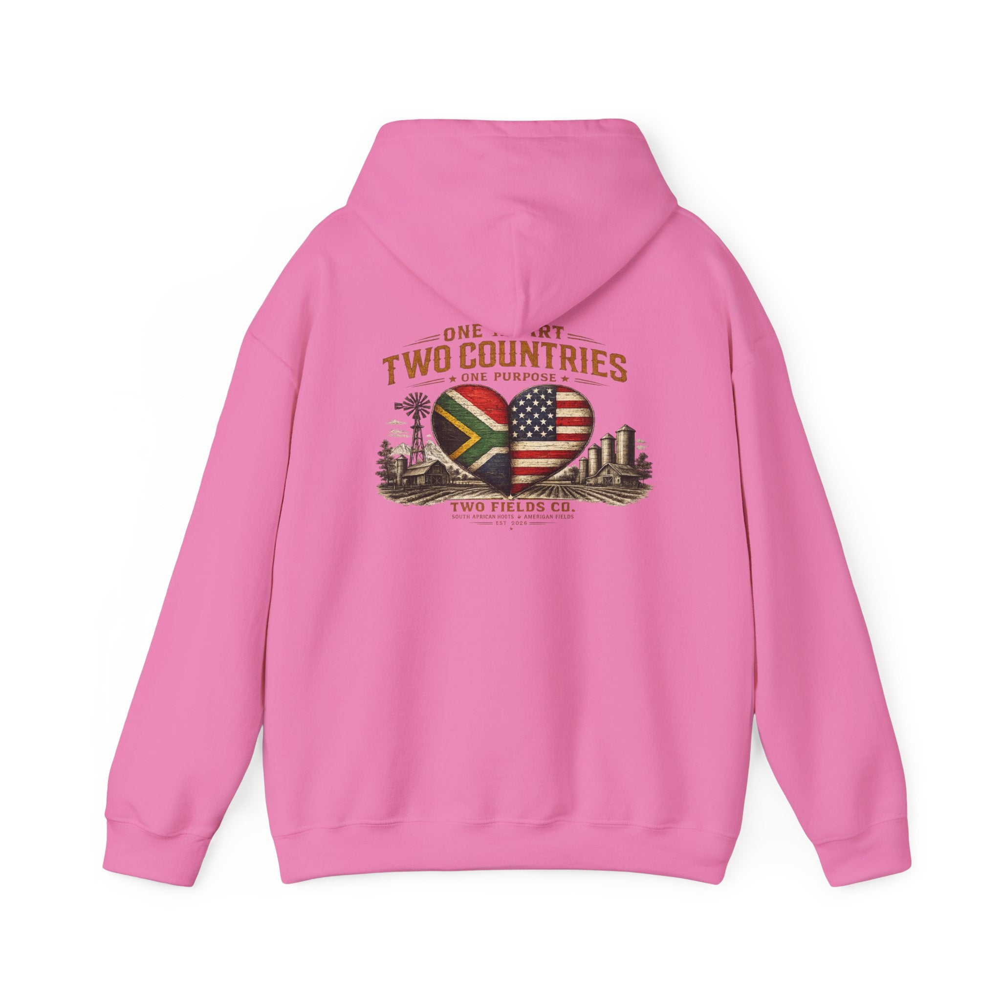 Light pink pullover hoodie showing back graphic with heart-shaped flags and text