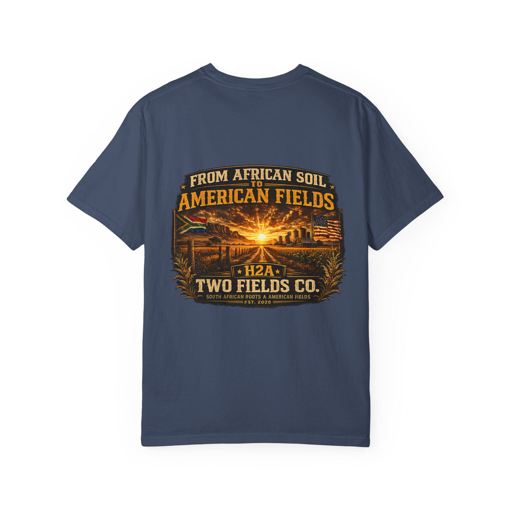 Navy T-shirt with farm sunset graphic and 'From African Soil' text