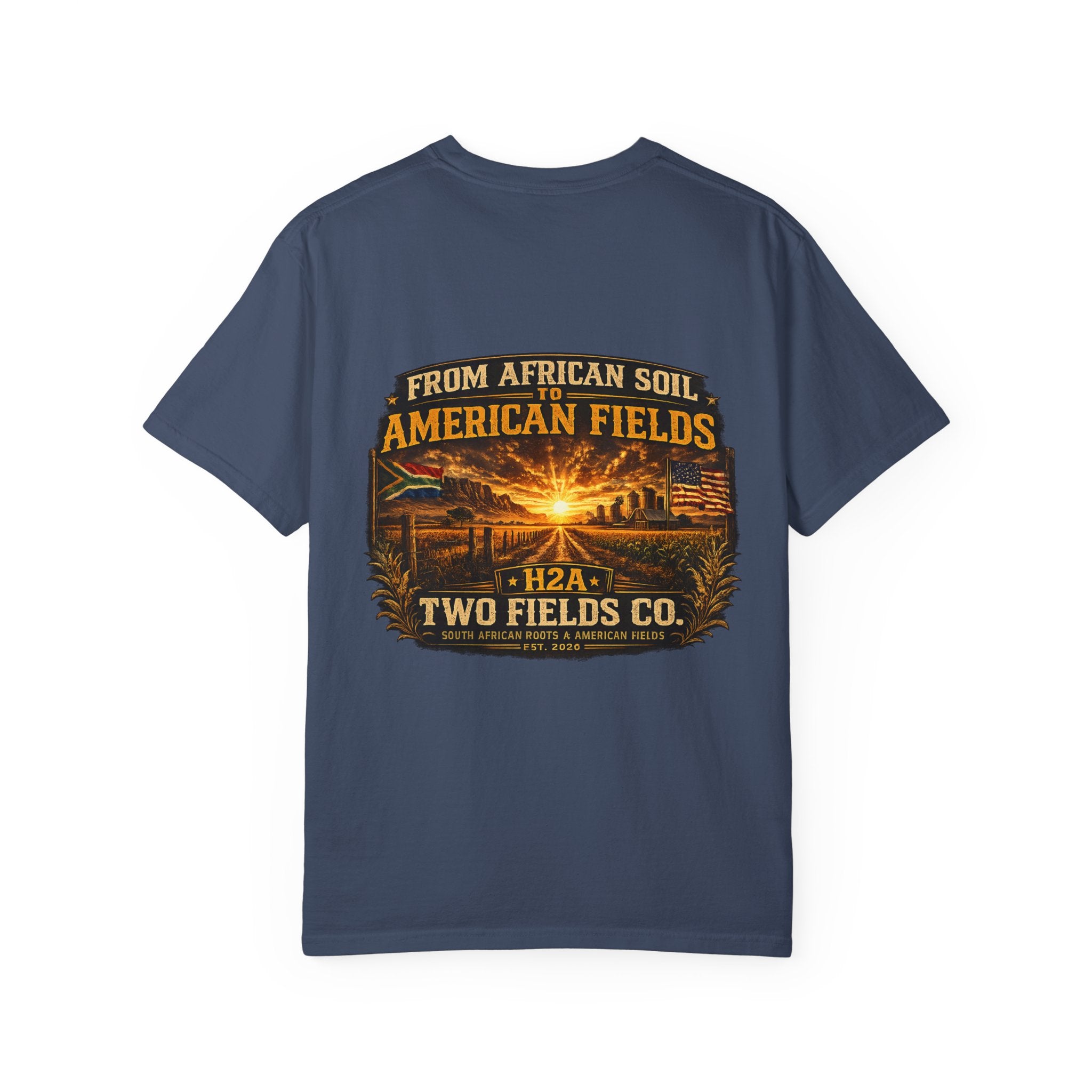 Navy T-shirt with farm sunset graphic and 'From African Soil' text
