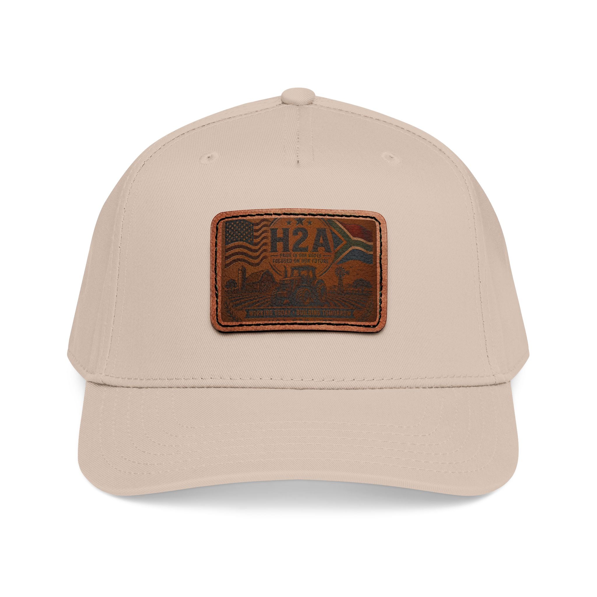 Light tan baseball cap with H2A leather-style rectangle patch on the front
