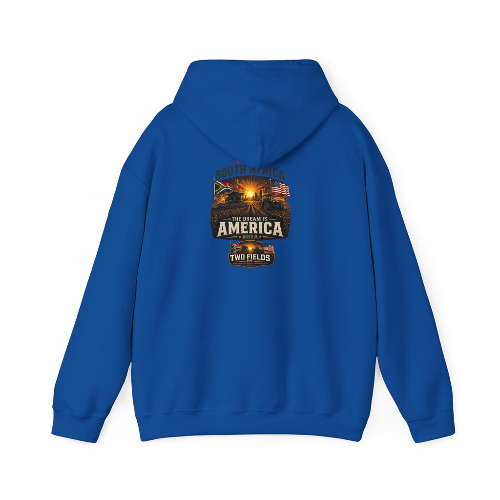 Royal blue zip-up? No—pullover hoodie with front chest graphic print, front view