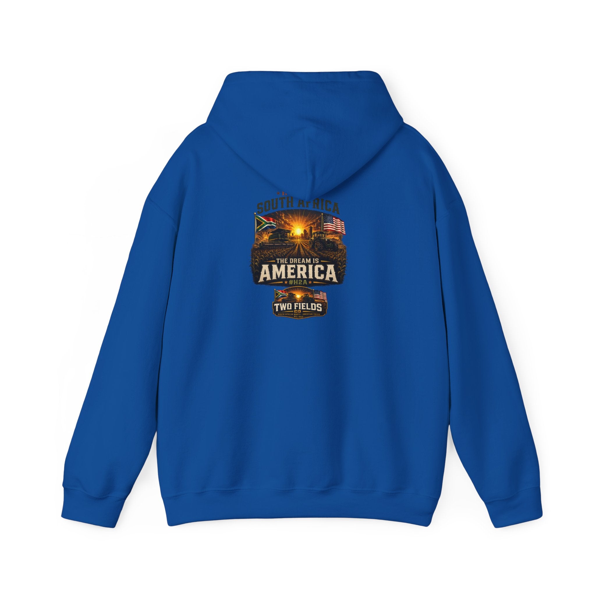 Royal blue zip-up? No—pullover hoodie with front chest graphic print, front view