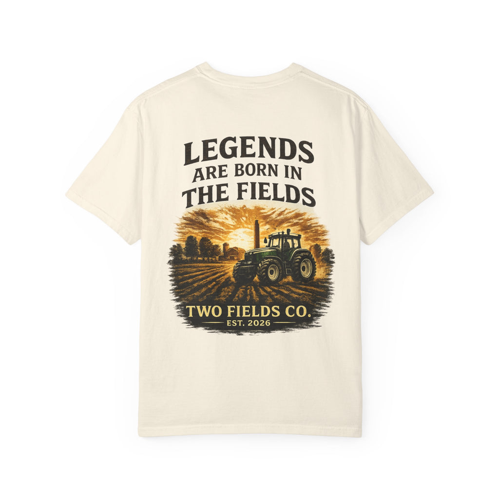 Cream t-shirt with tractor field graphic and 'Legends are born in the fields' text