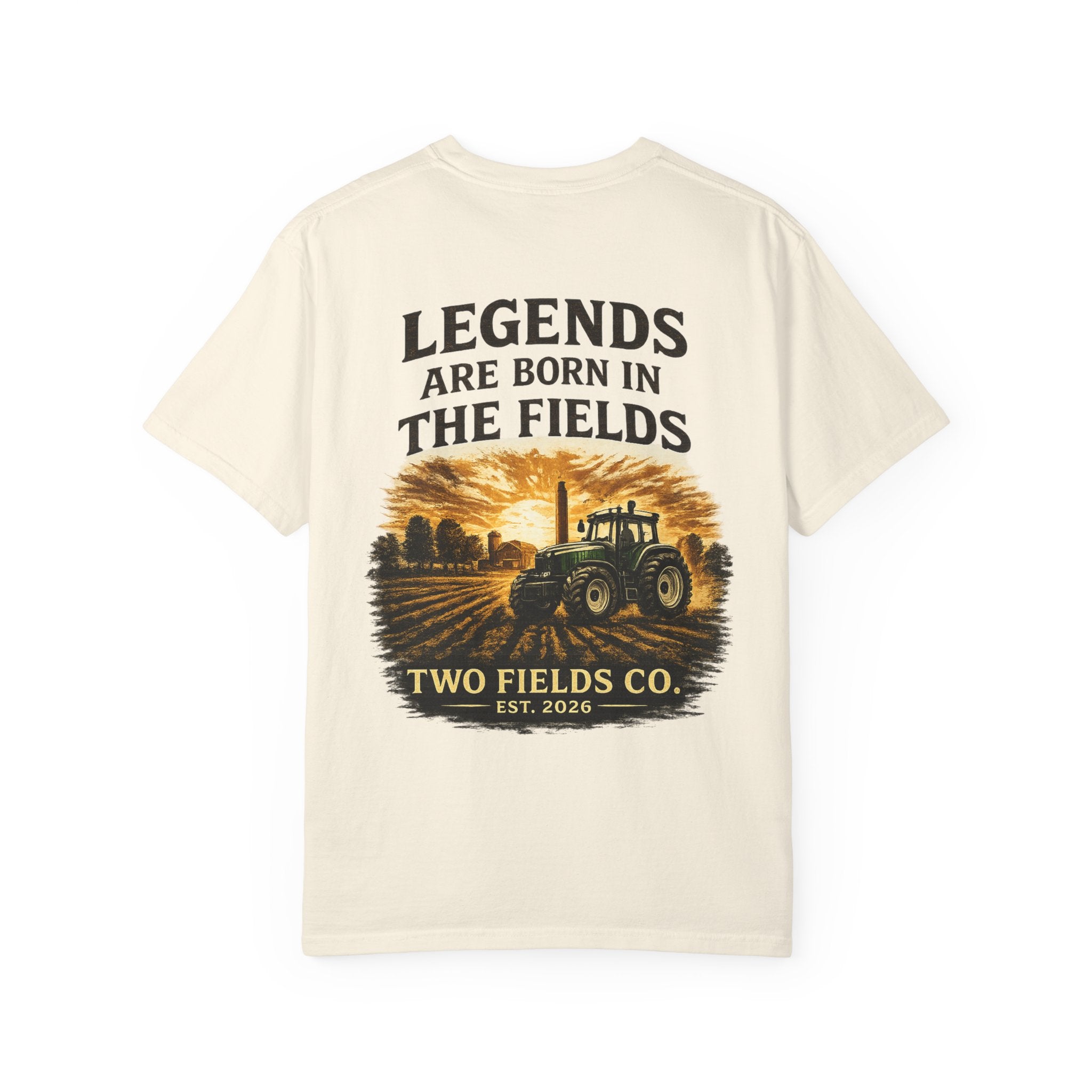 Cream t-shirt with tractor field graphic and 'Legends are born in the fields' text