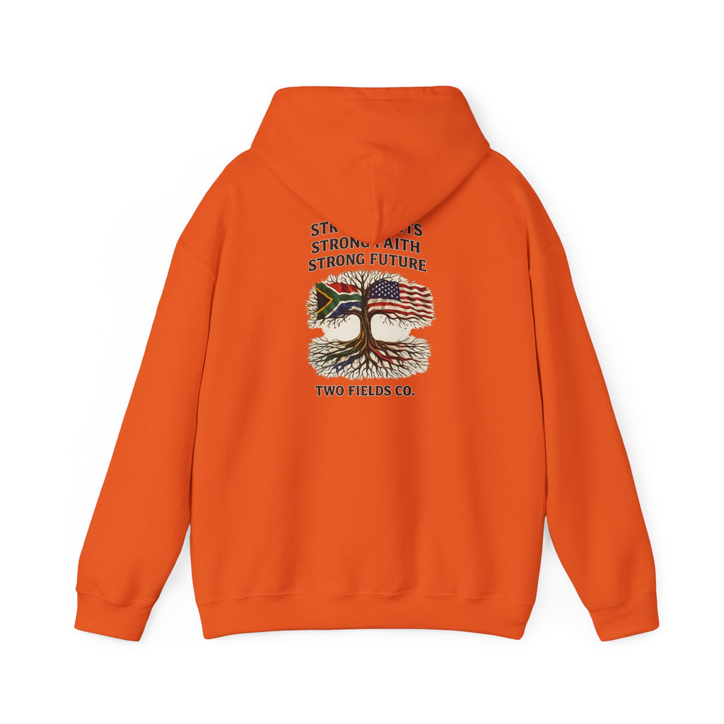 Orange hoodie with hood and front graphic of tree, U.S. flag, and text