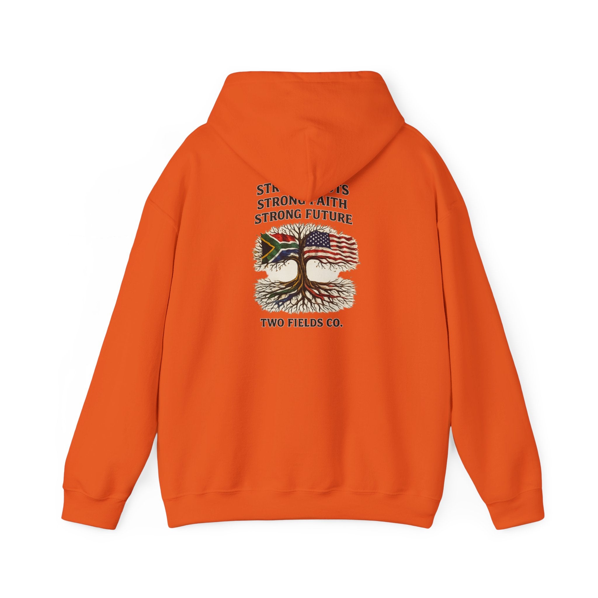Orange hoodie with hood and front graphic of tree, U.S. flag, and text