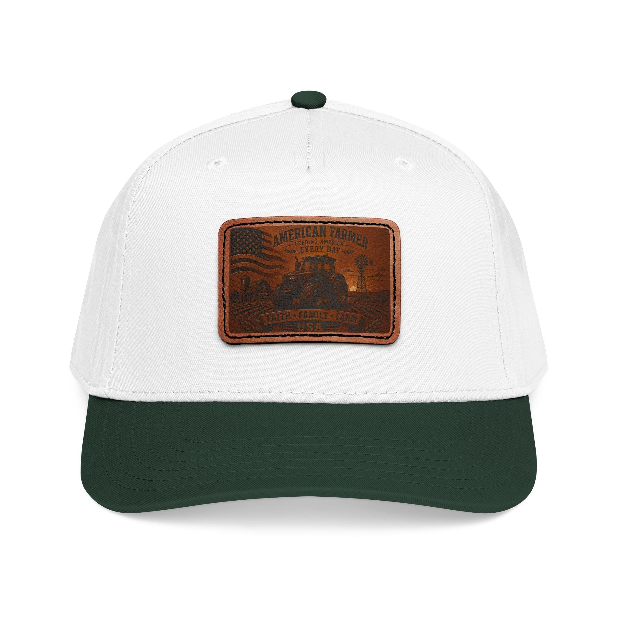 Leather patch baseball cap with white crown, dark green brim, and stitched leather badge.