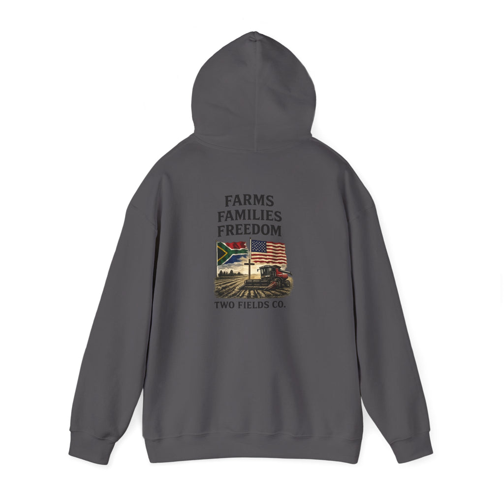 Charcoal Freedom Families hoodie, hooded back view with graphic emblem and text