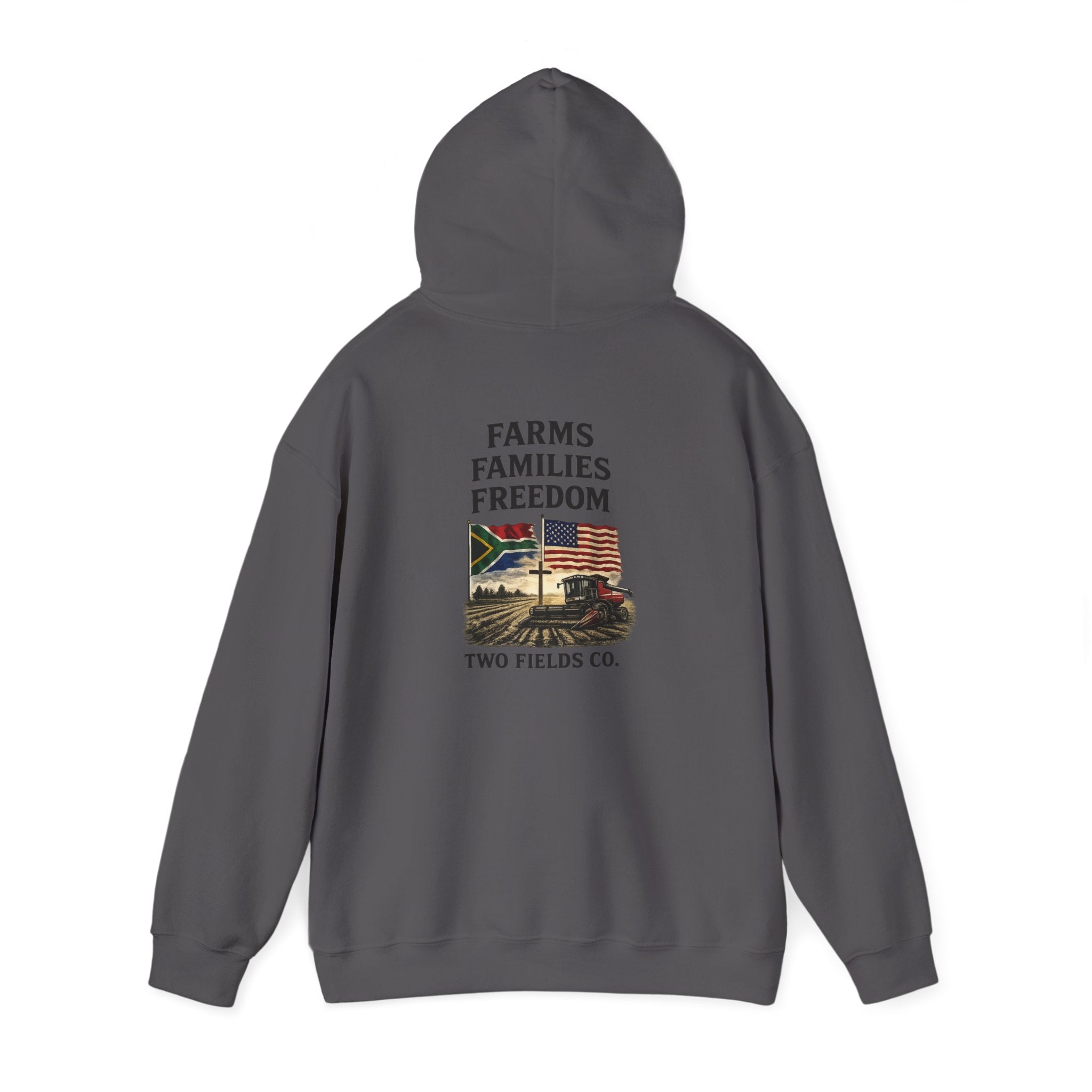 Charcoal Freedom Families hoodie, hooded back view with graphic emblem and text