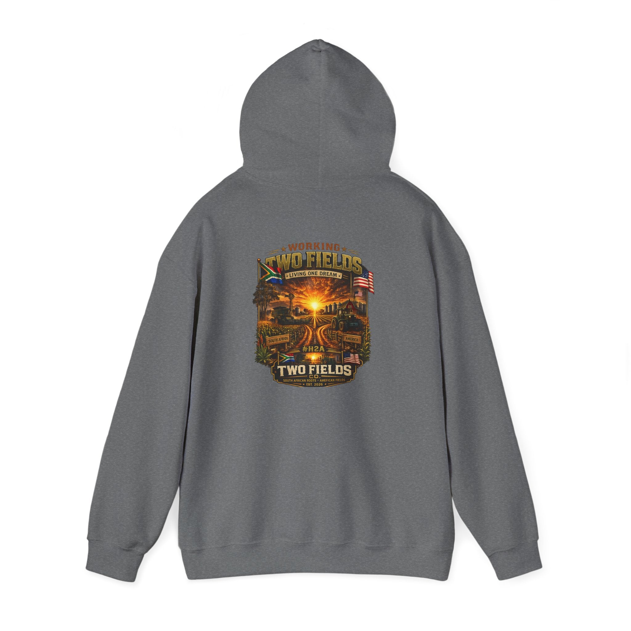 Dark heather hoodie with large sunset farm and USA flag style graphic on back