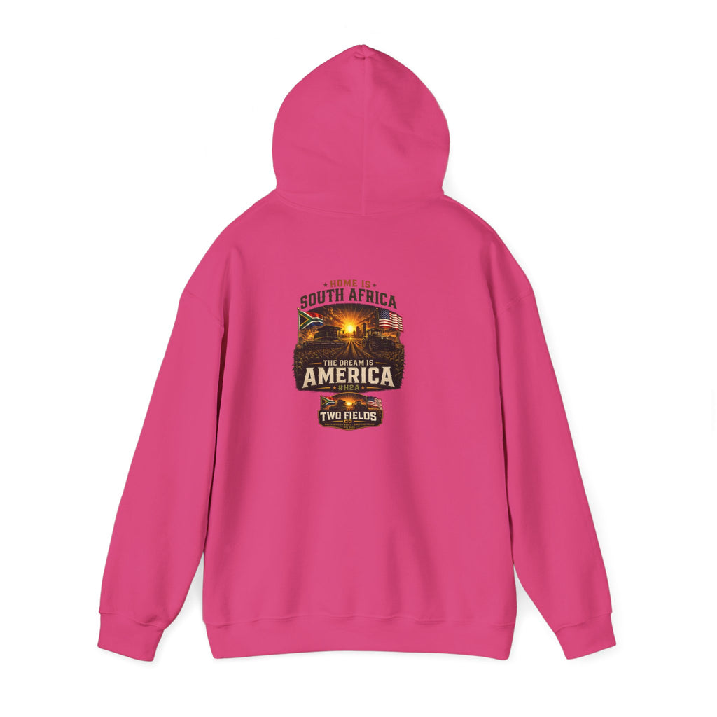 Pink pullover hoodie with hood; 'South Africa America' two fields graphic on back