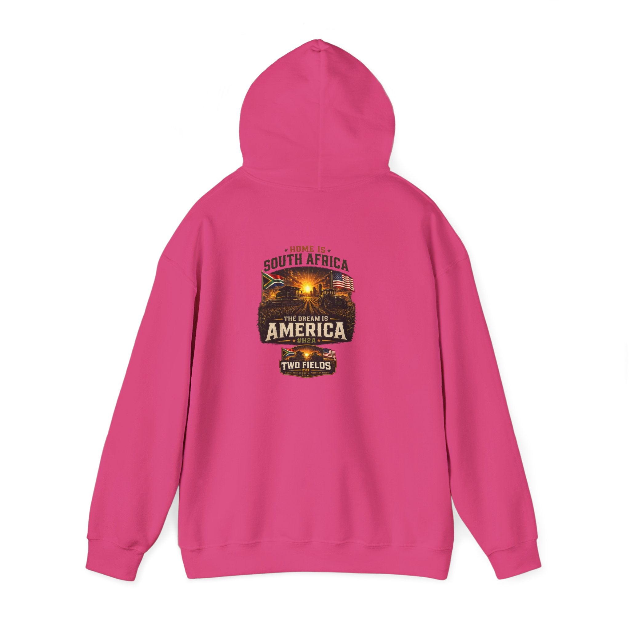 Pink pullover hoodie with hood; 'South Africa America' two fields graphic on back