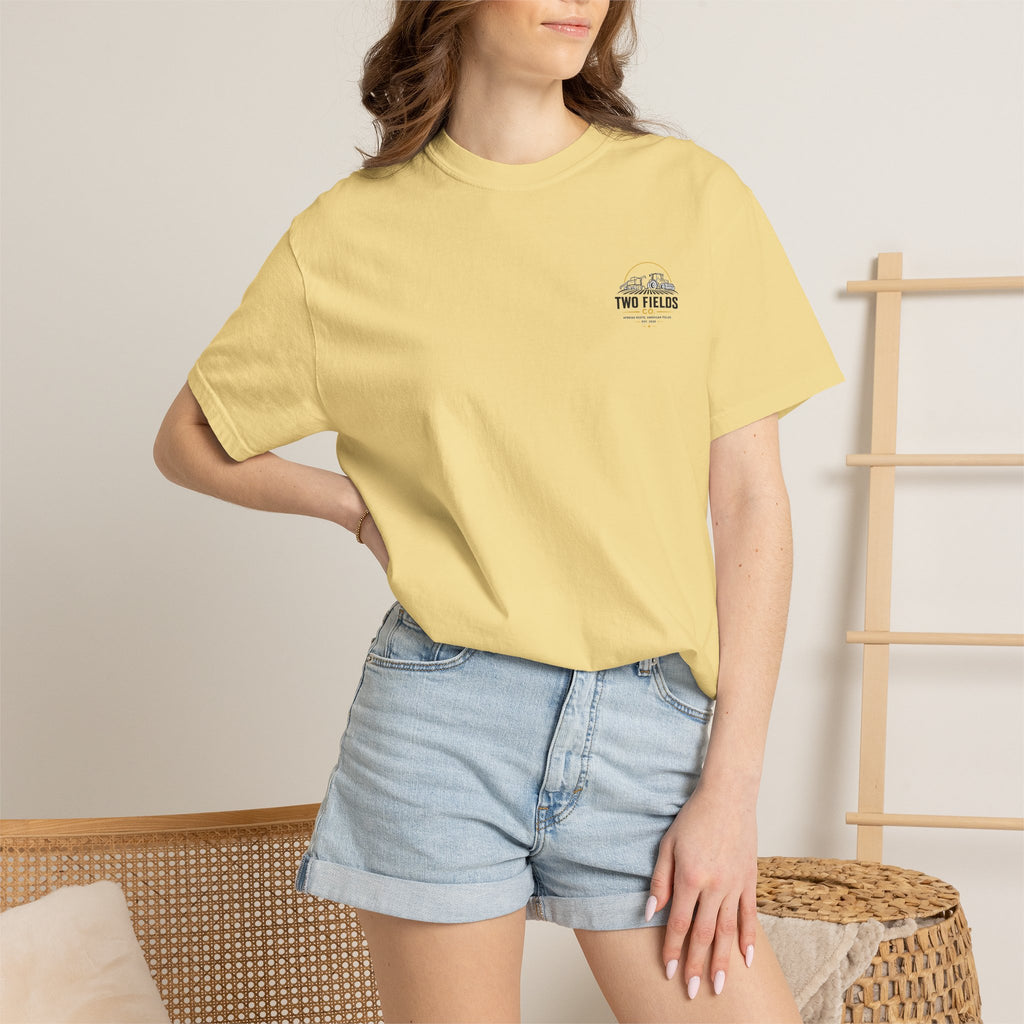 Butter yellow T-shirt worn with small chest logo