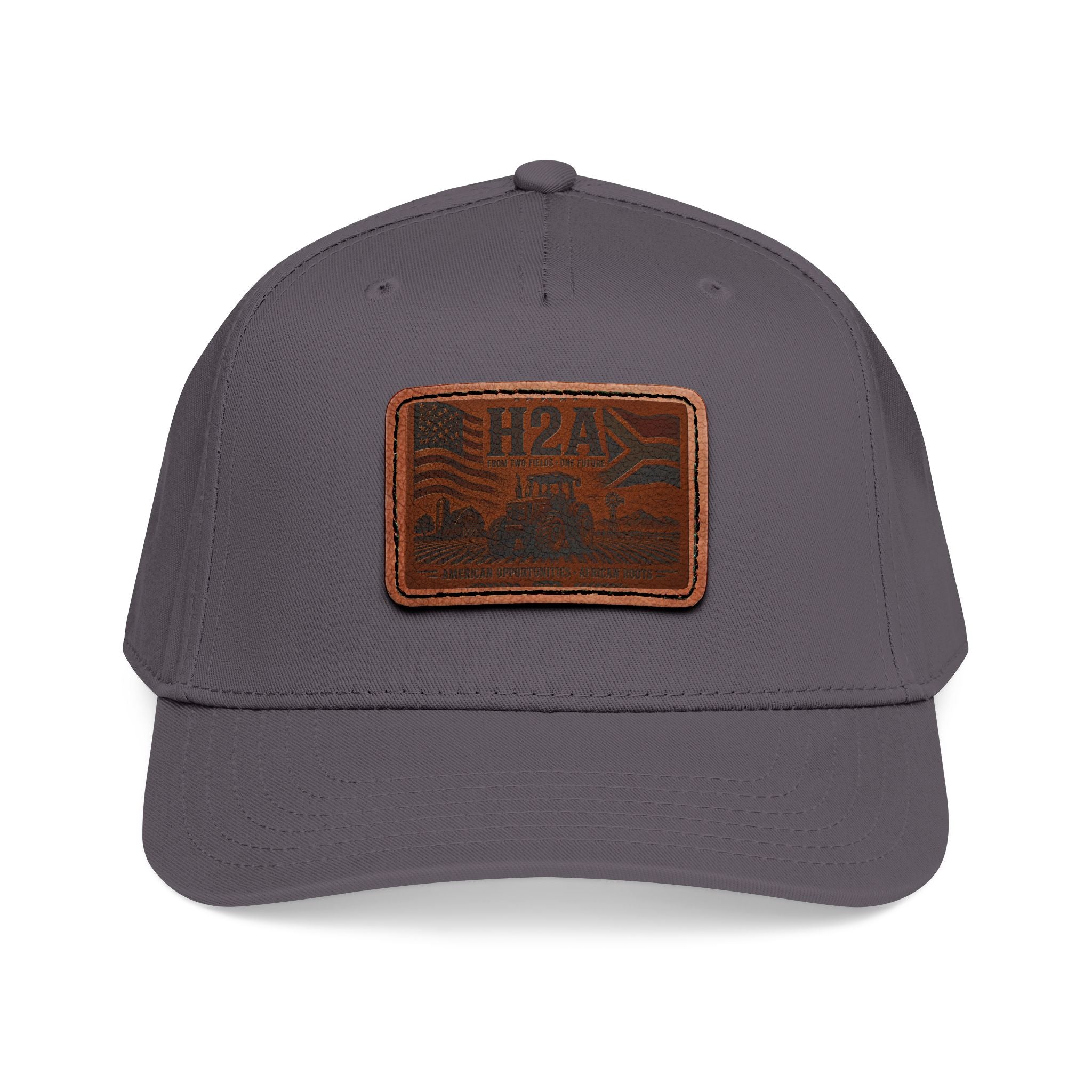 Charcoal gray baseball cap with rectangular leather H2A patch logo on front