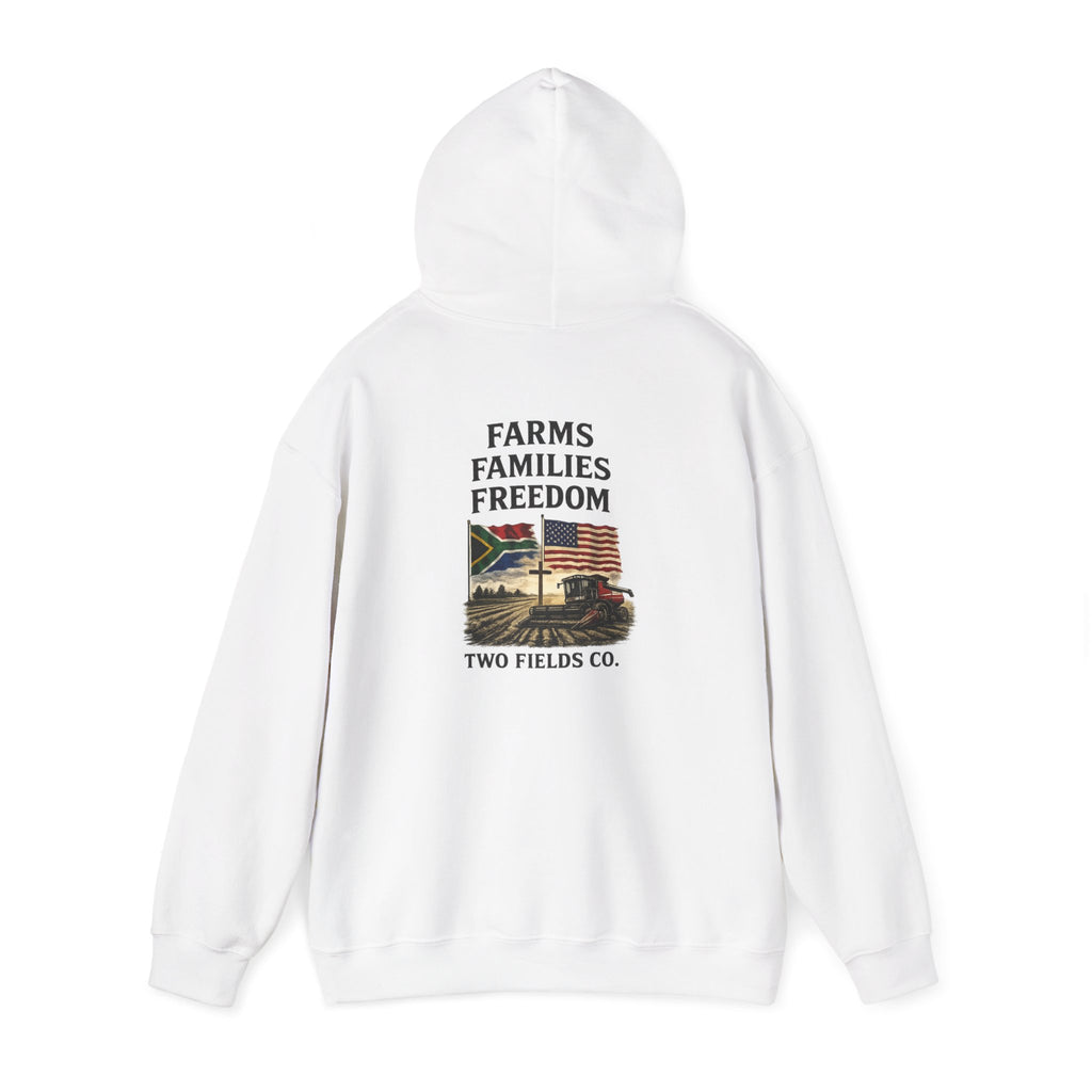 White pullover hoodie with back Freedom graphic and Farms Families print