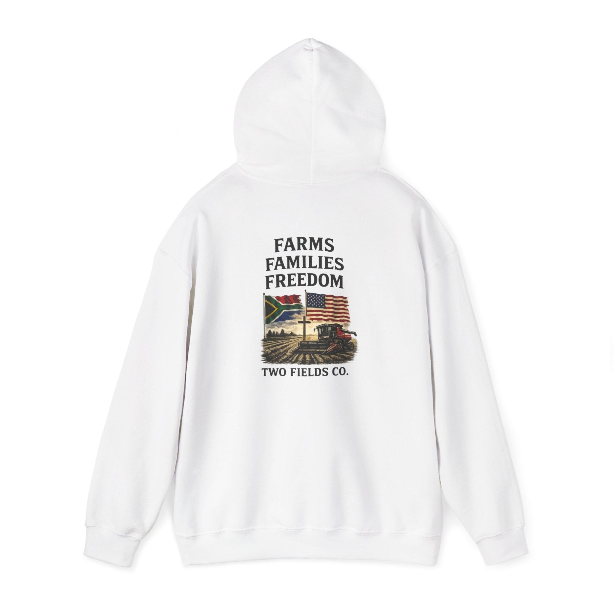 White pullover hoodie with back Freedom graphic and Farms Families print