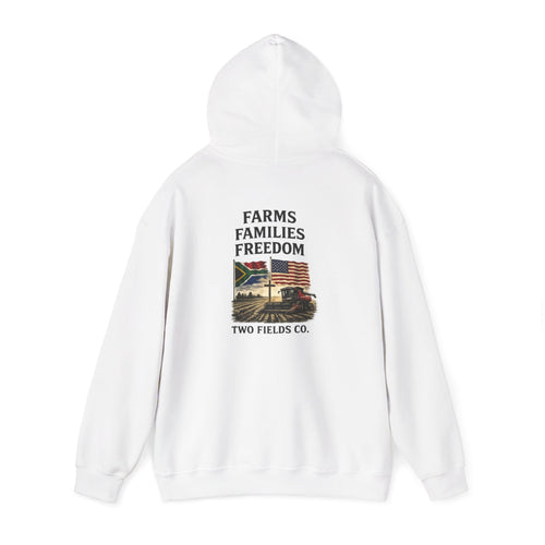 White pullover hoodie with back Freedom graphic and Farms Families print