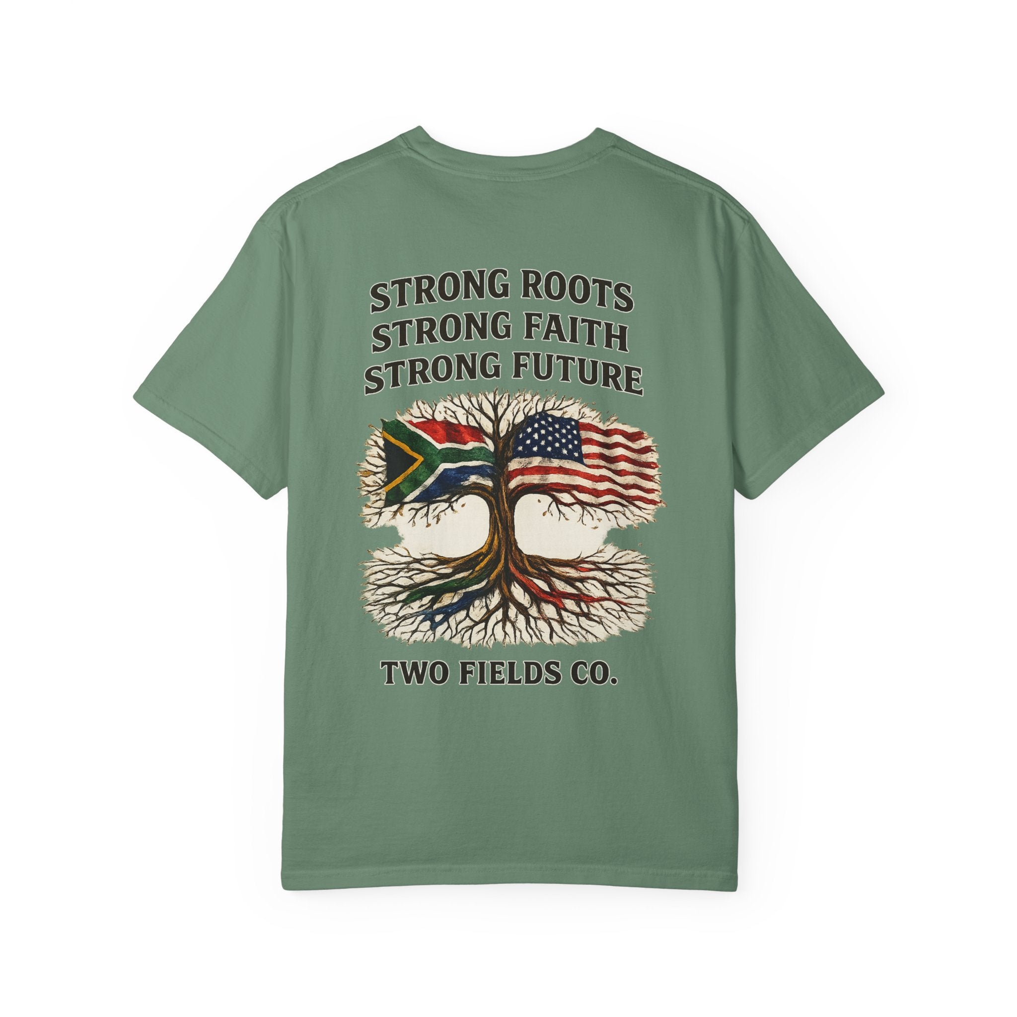 Front view olive graphic t-shirt featuring two-flag tree and 'Strong Roots' text