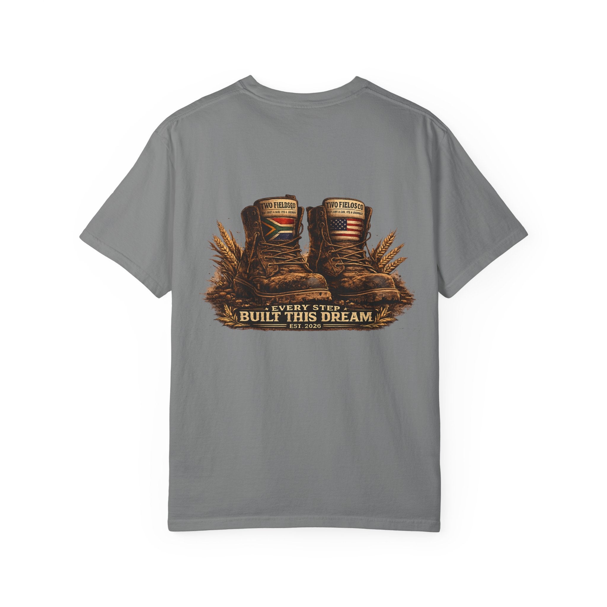 Gray crew-neck T-shirt with boots graphic and “Every Step Built This Dream” text