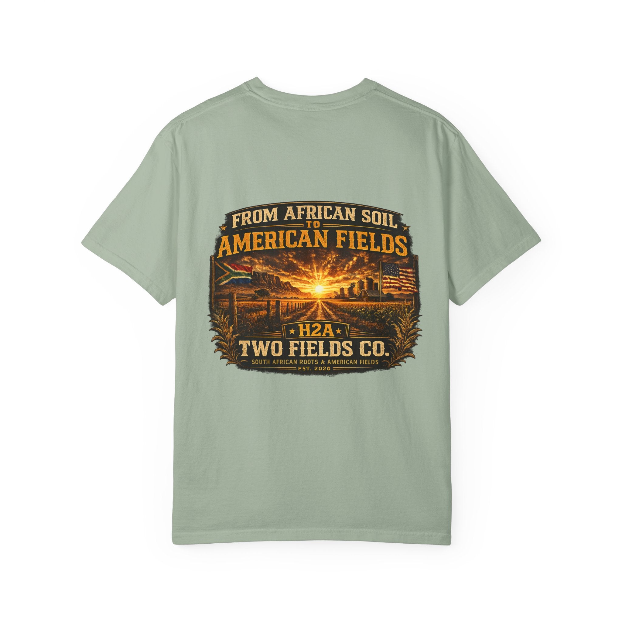 T-shirt in sage green with vintage farm sunset graphic and “Two Fields Co.” text