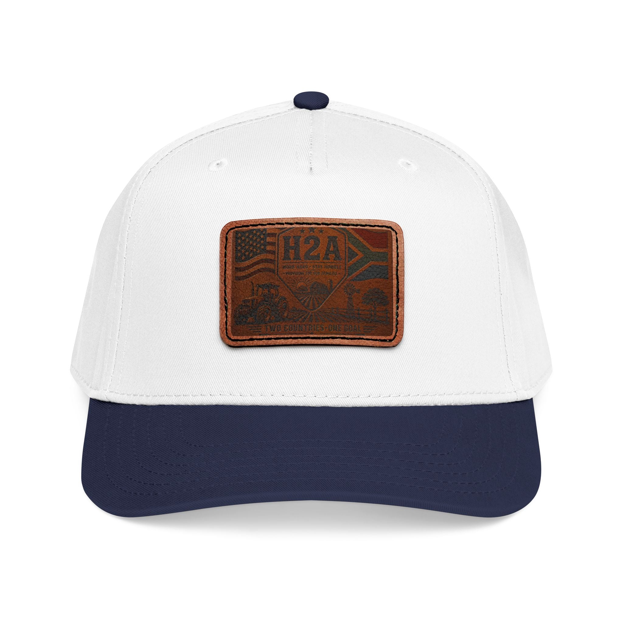 Mid-profile baseball cap in white with a rectangular leather H2A vintage flag patch