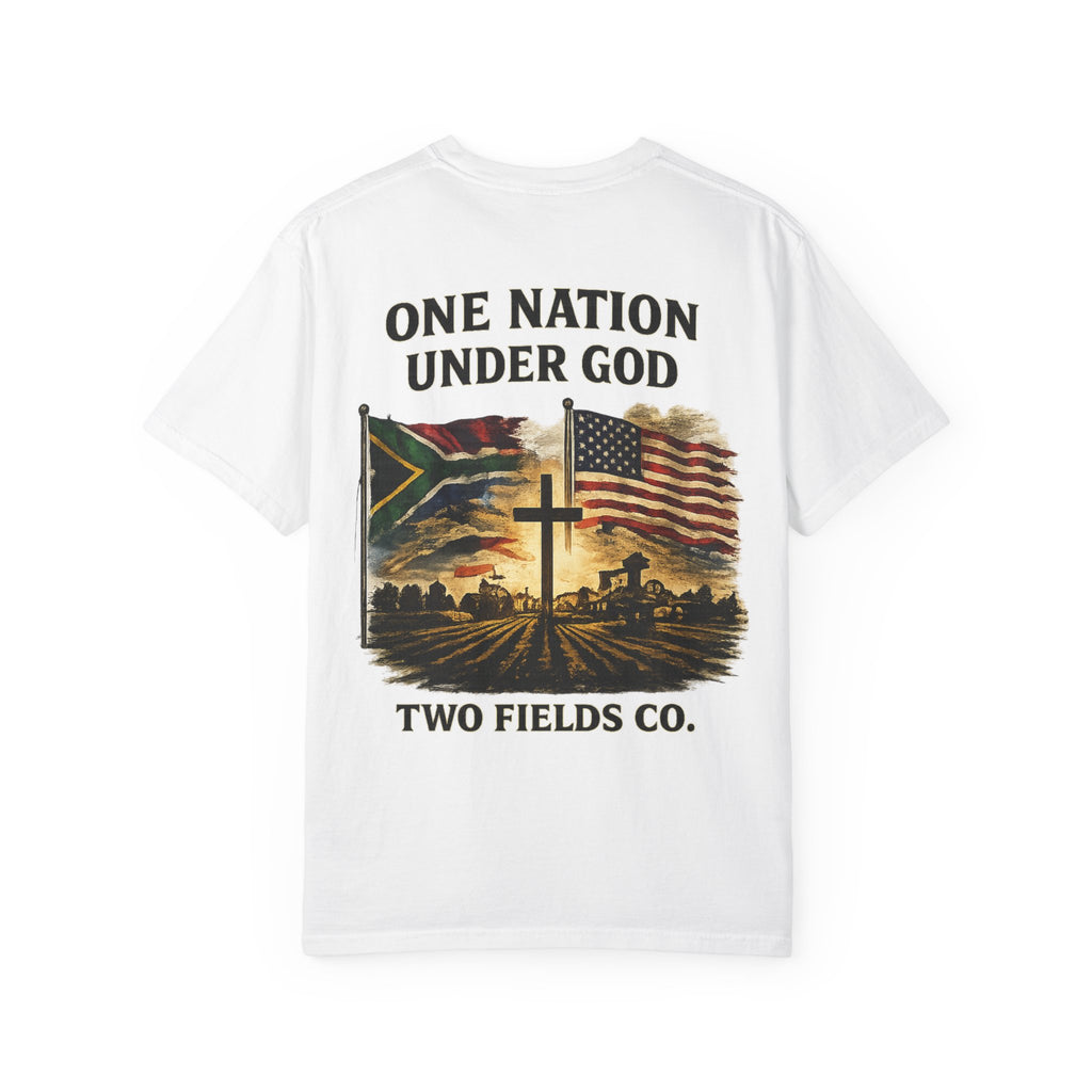 White T-shirt with back text "ONE NATION UNDER GOD" and patriotic cross/flag graphic