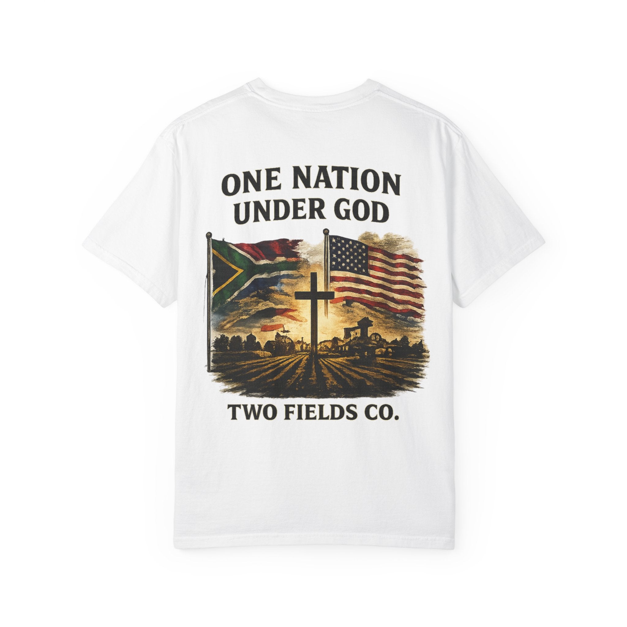 White T-shirt with back text "ONE NATION UNDER GOD" and patriotic cross/flag graphic