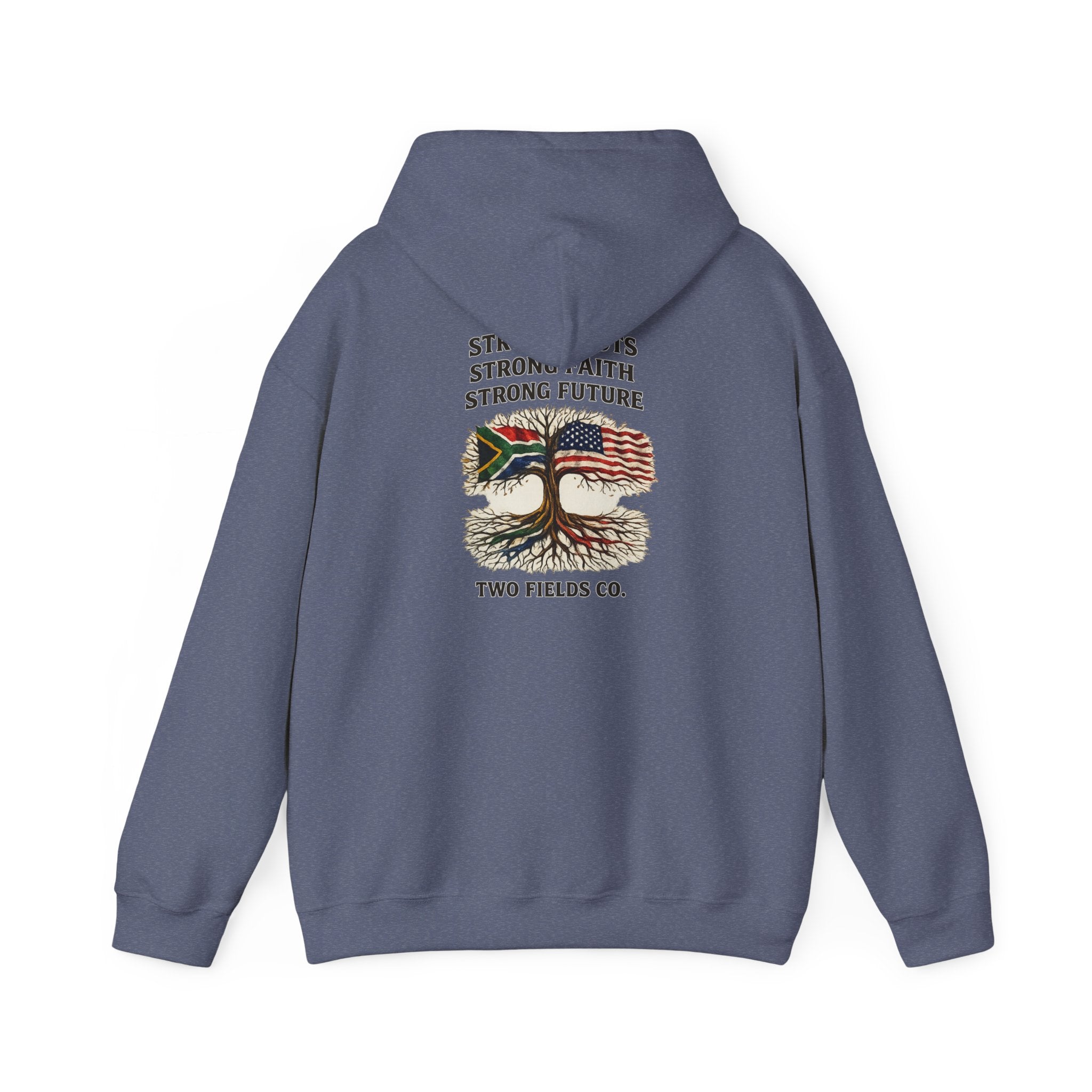 Slate blue hoodie with front graphic text and tree-and-flag patch design