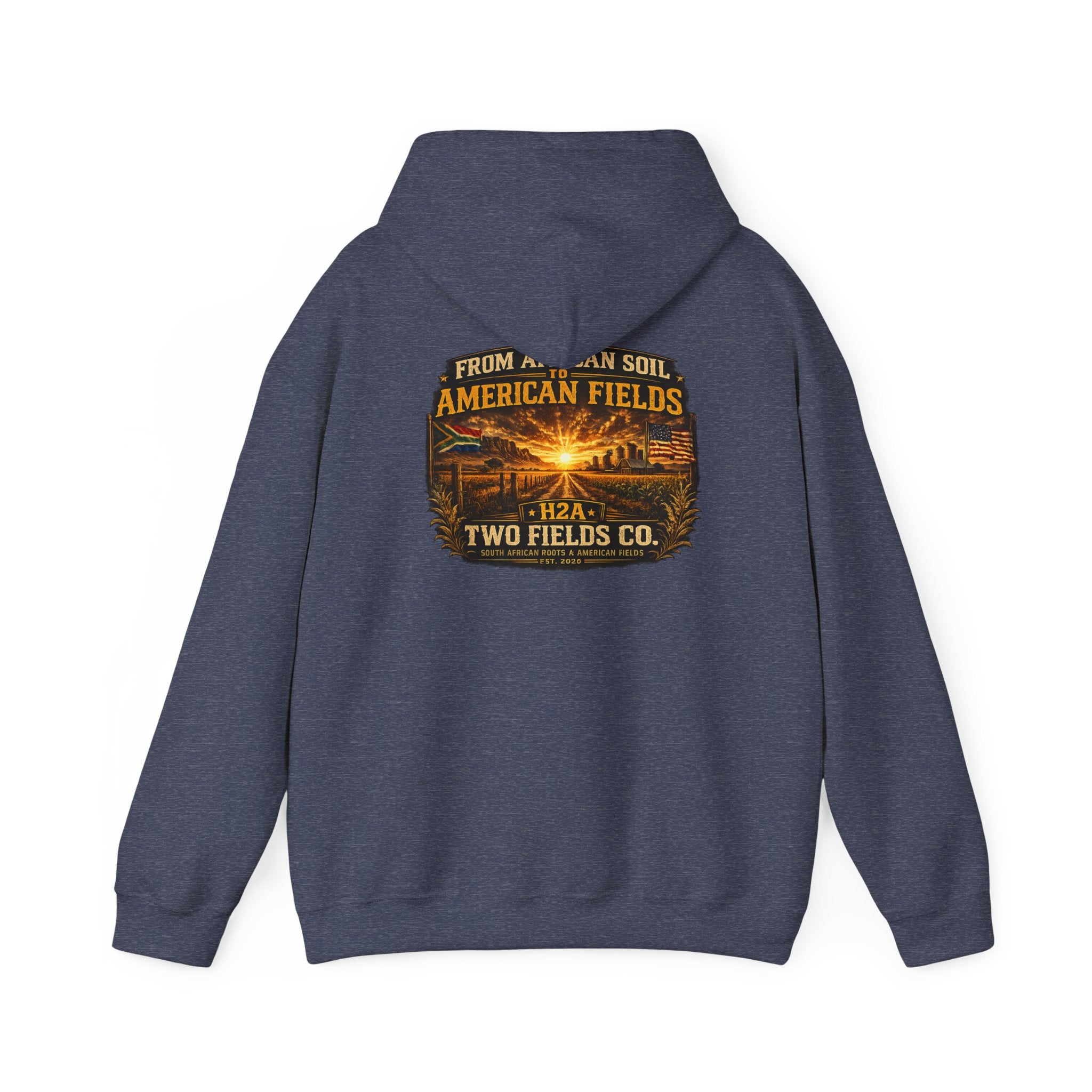 Heather blue pullover hoodie with large front graphic logo print and hood