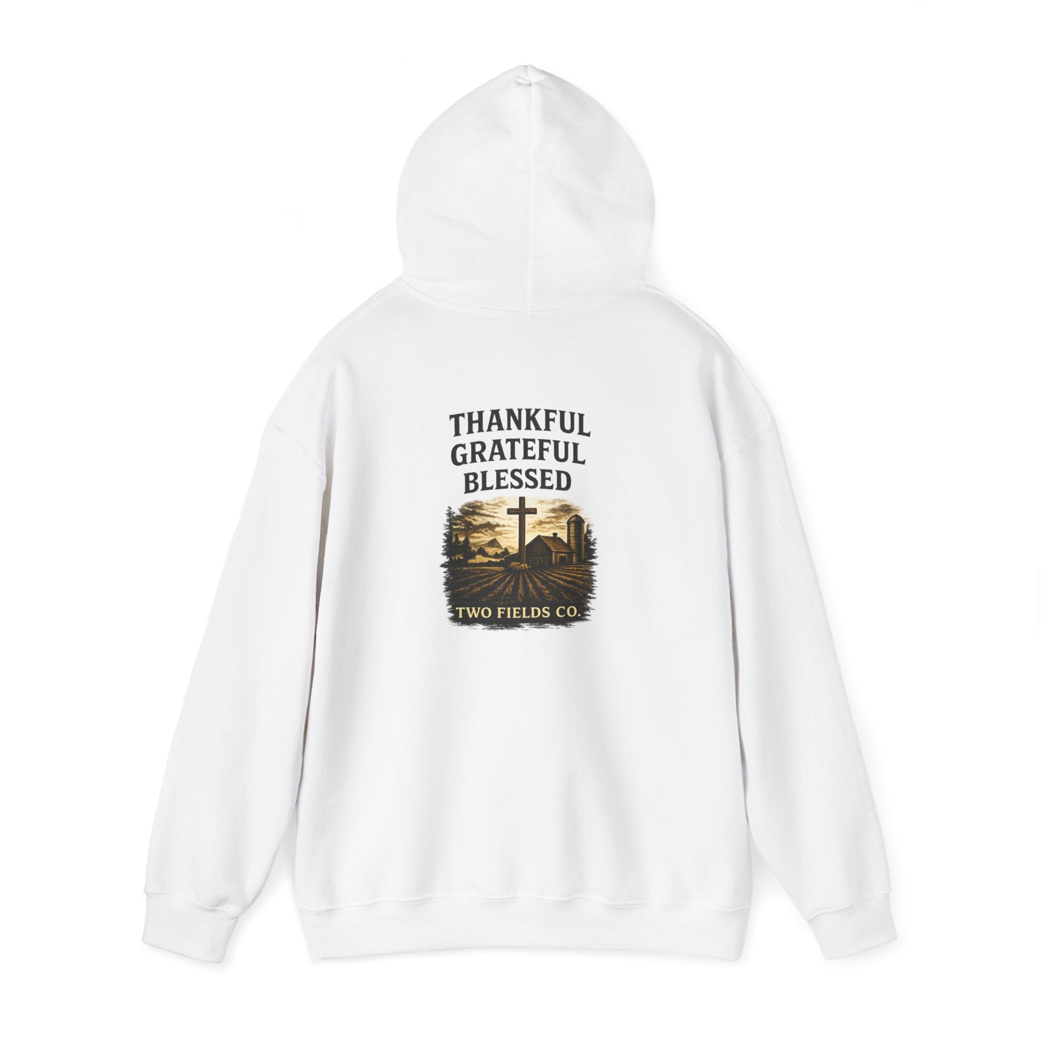 White pullover hoodie with hood, drawstring, kangaroo pocket, and 'Thankful Grateful Blessed' print