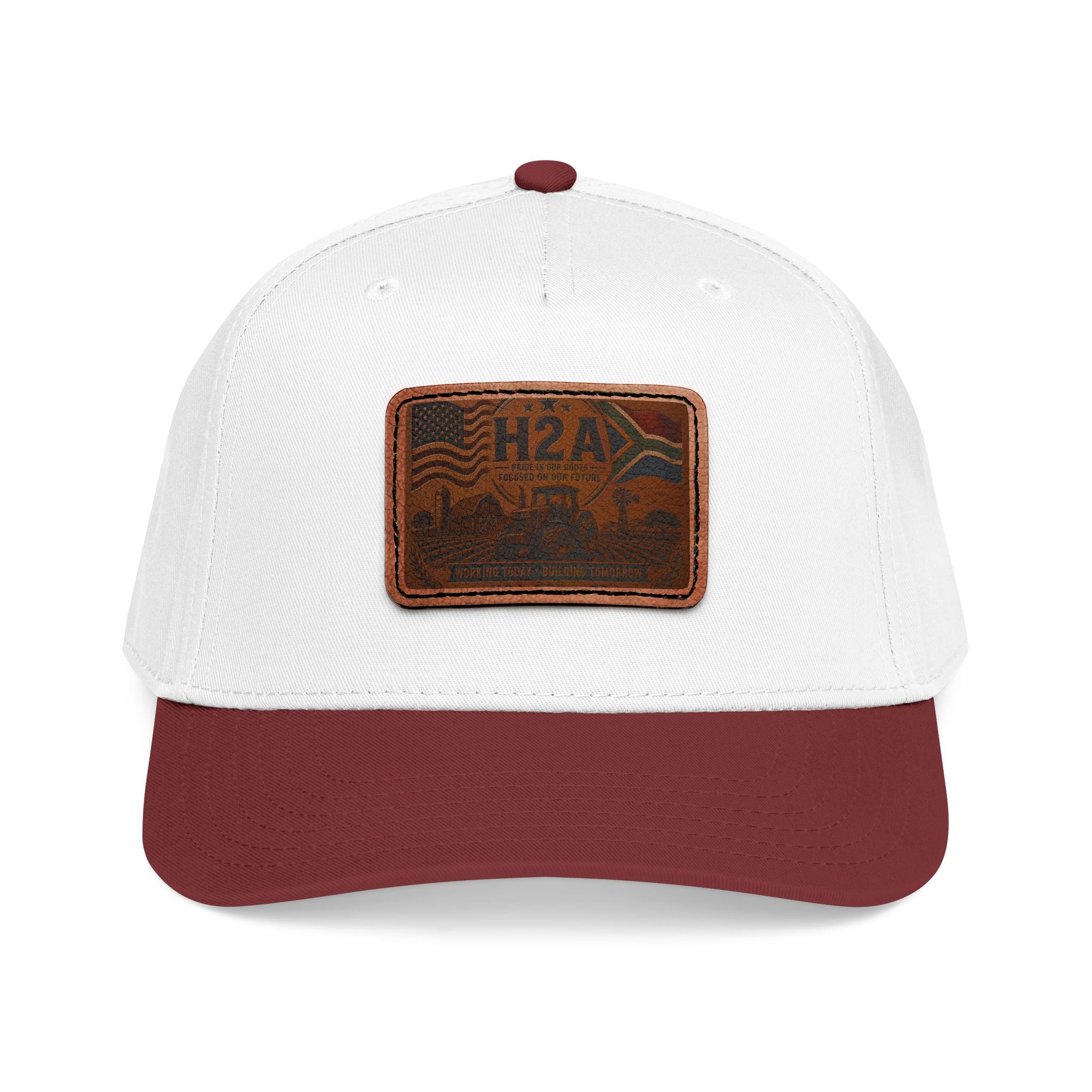White leather patch baseball cap with H2A rectangular patch, maroon brim