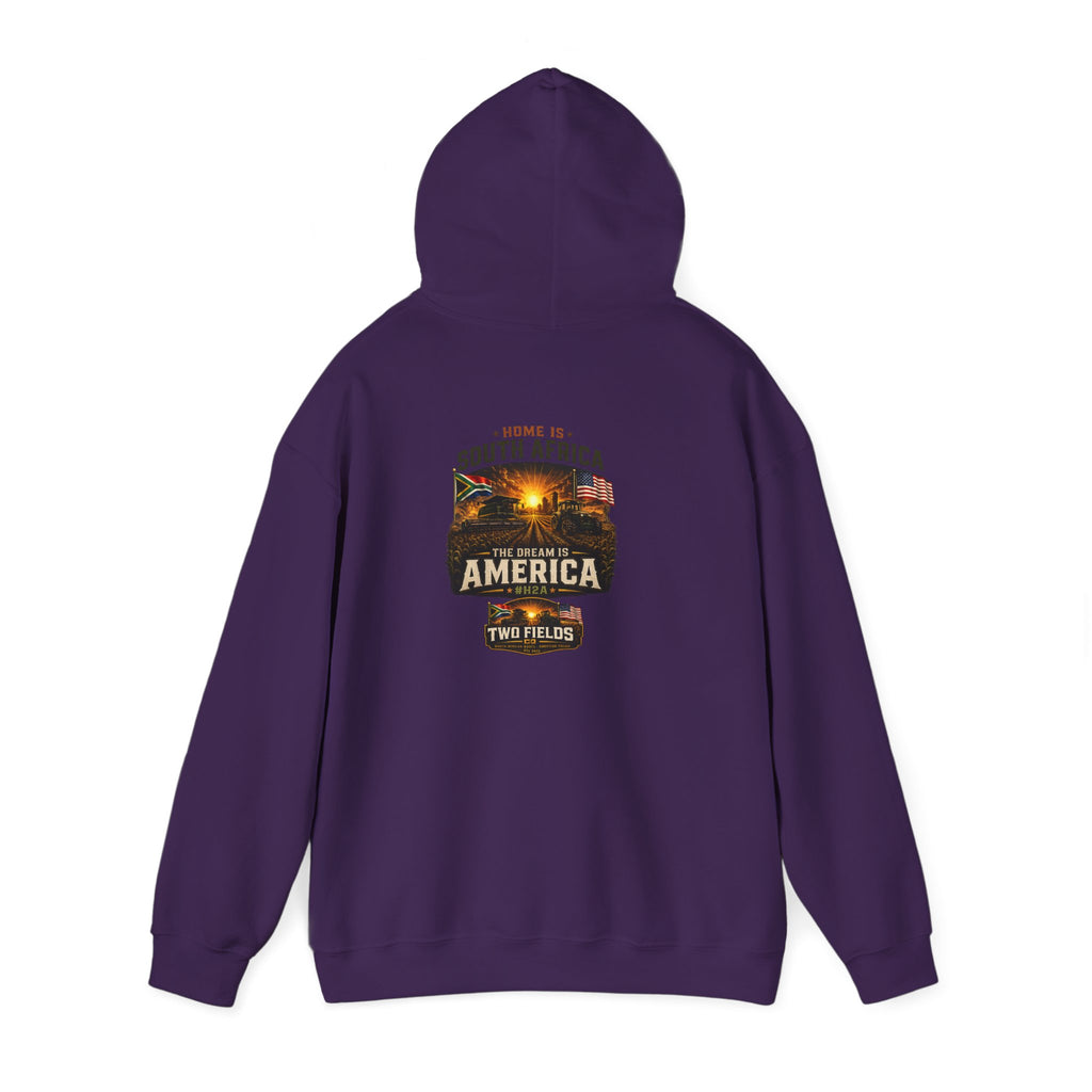 Purple pullover hoodie with back graphic print centered below hood, rear view